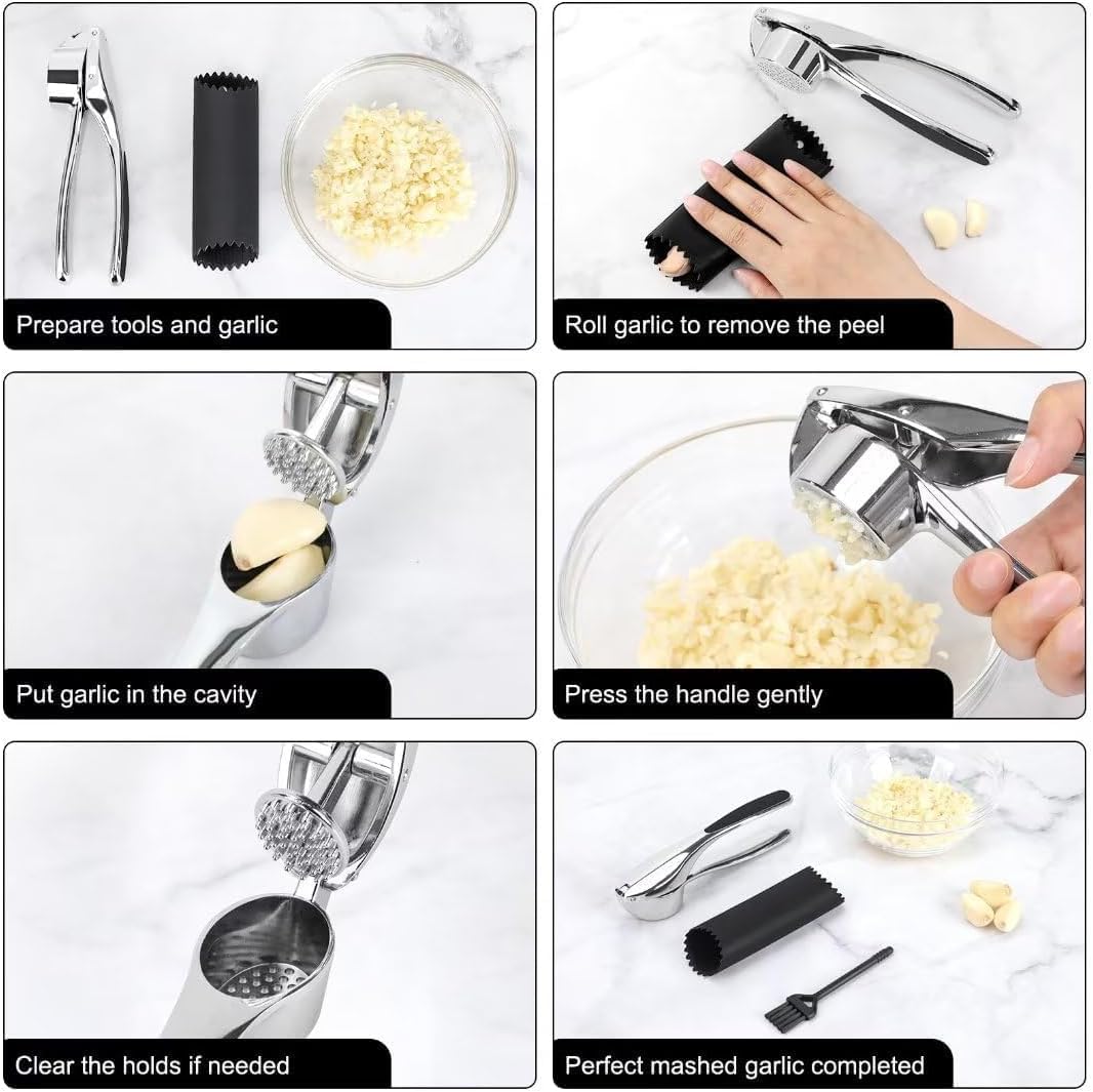 Professional Garlic Mincer Tool - Easy-Squeeze, Easy-Clean with Soft, Ergonomic Handle - Silicone Garlic Peeler & Brush