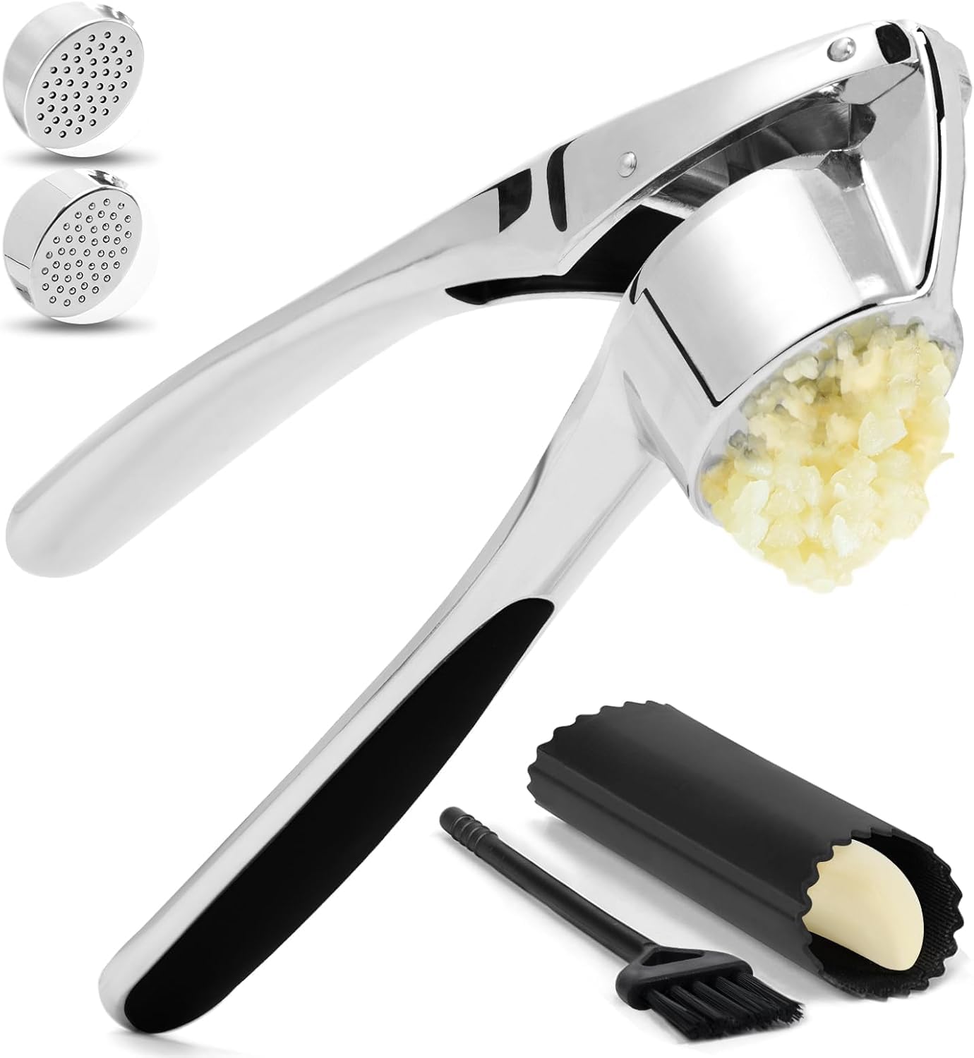 Professional Garlic Mincer Tool - Easy-Squeeze, Easy-Clean with Soft, Ergonomic Handle - Silicone Garlic Peeler & Brush