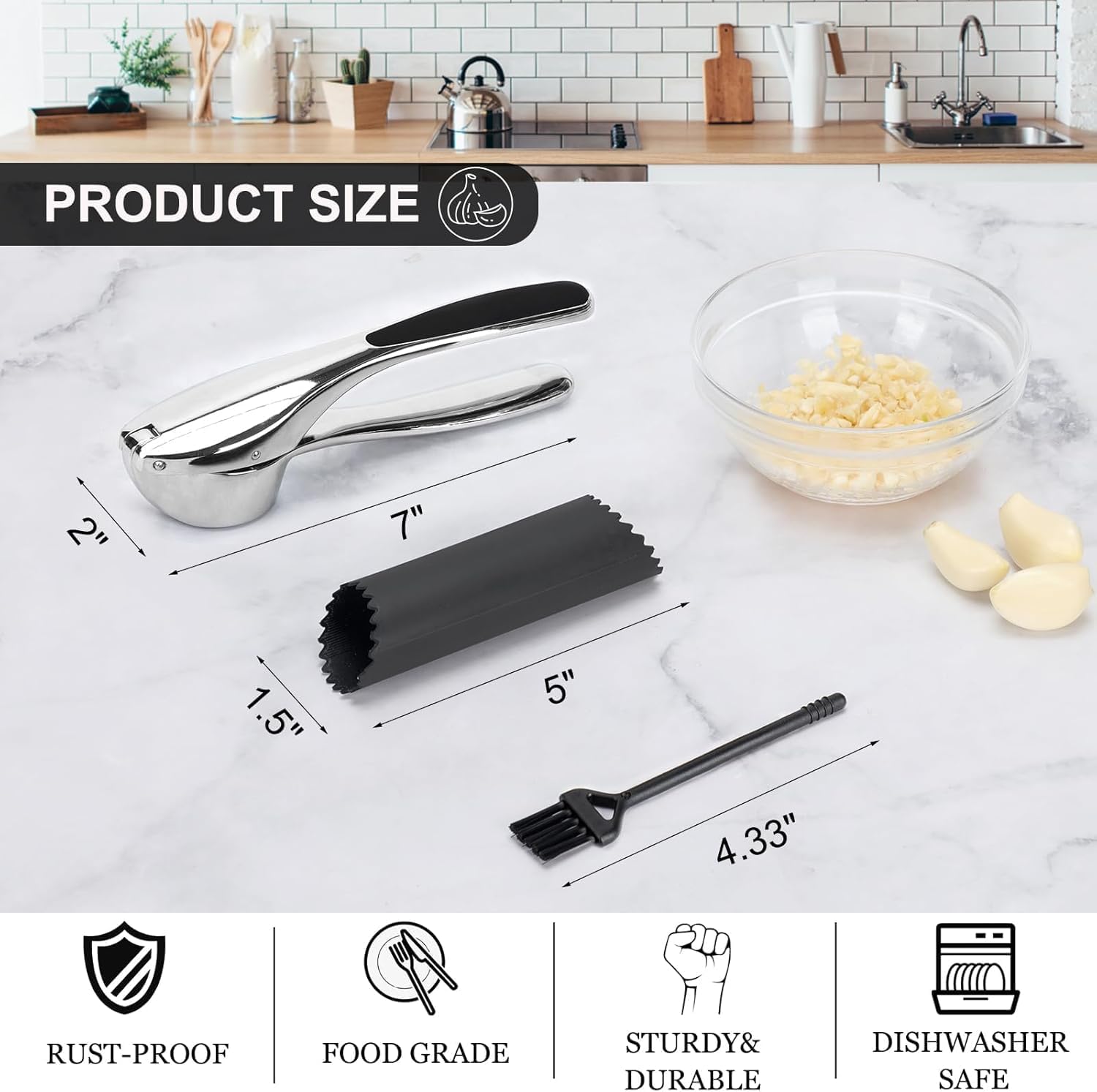 Professional Garlic Mincer Tool - Easy-Squeeze, Easy-Clean with Soft, Ergonomic Handle - Silicone Garlic Peeler & Brush