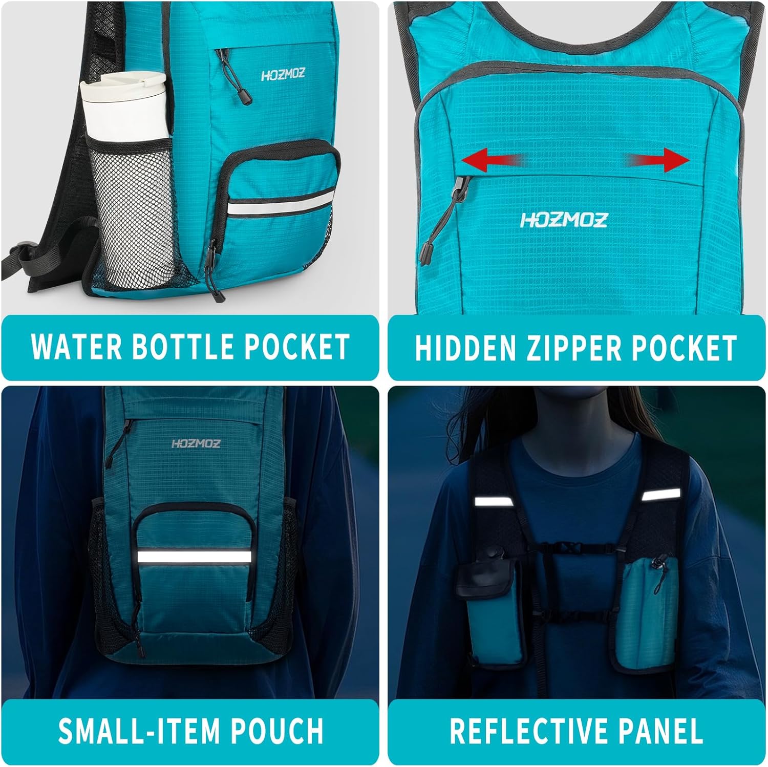 HOZMOZ 10L Small Hiking Backpack For Women Men, Lightweight Travel Packable Back Pack, Foldable Camping Hiking Daypack With Vest-style and Touchscreen Phone Pocket (Lake Green)
