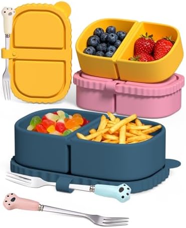 3 Pack Reusable Silicone Snack Containers, 8 oz Double Compartment Portable Snack Box with 3 Forks, Small Leakproof Food Storage Containers with Lids for Salad Dressing Sauce
