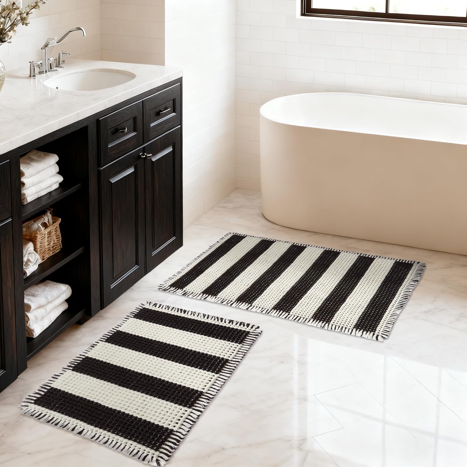 MatEssenz Machine Washable Nonslip Bathroom Rugs Quick Drying Water Absorbing Small Bath Mat for Bathroom Floor,20" x 32", Shower Accessories, Black and White Stripes
