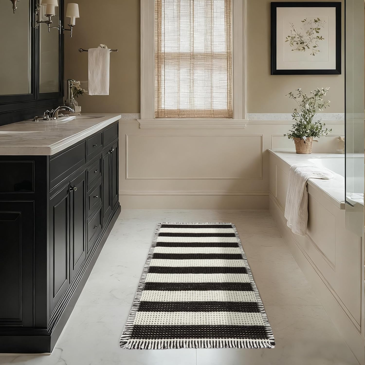 MatEssenz Machine Washable Nonslip Bathroom Rugs Quick Drying Water Absorbing Small Bath Mat for Bathroom Floor,20" x 32", Shower Accessories, Black and White Stripes
