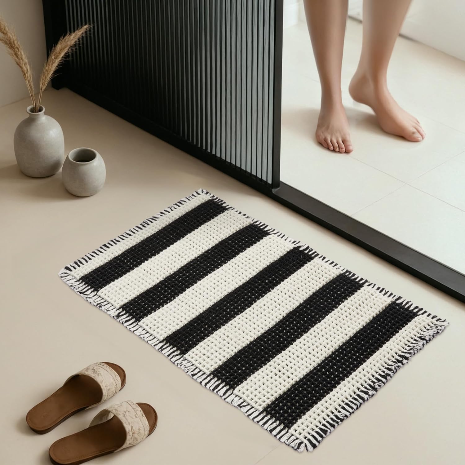 MatEssenz Machine Washable Nonslip Bathroom Rugs Quick Drying Water Absorbing Small Bath Mat for Bathroom Floor,20" x 32", Shower Accessories, Black and White Stripes