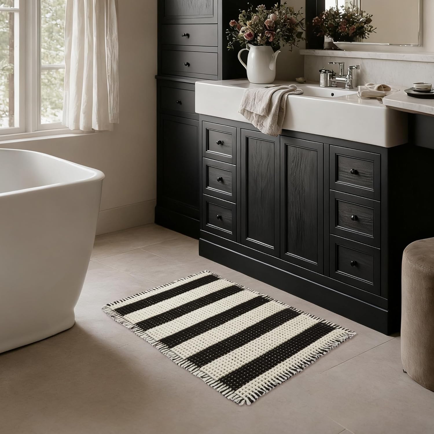 MatEssenz Machine Washable Nonslip Bathroom Rugs Quick Drying Water Absorbing Small Bath Mat for Bathroom Floor,20" x 32", Shower Accessories, Black and White Stripes