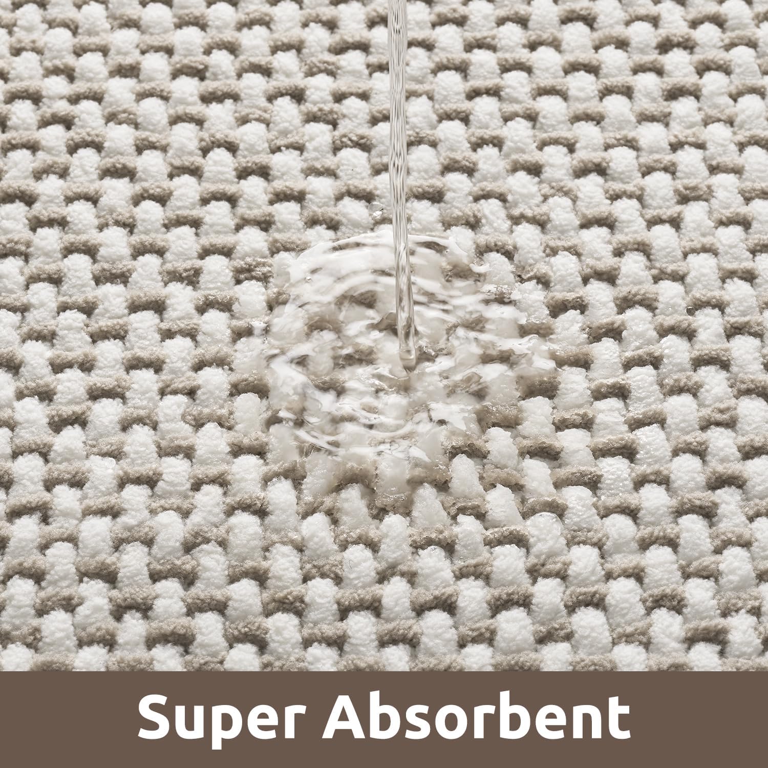 AMOAMI Chenille Bath Mat Super Absorbent Bathroom Mat Quick Dry Bath Mats for Bathroom Rubber Backed Bathroom Rugs Non Slip Washable Fit Under Door, Front of Bathtub, Sink, Beige&White 20"x32"