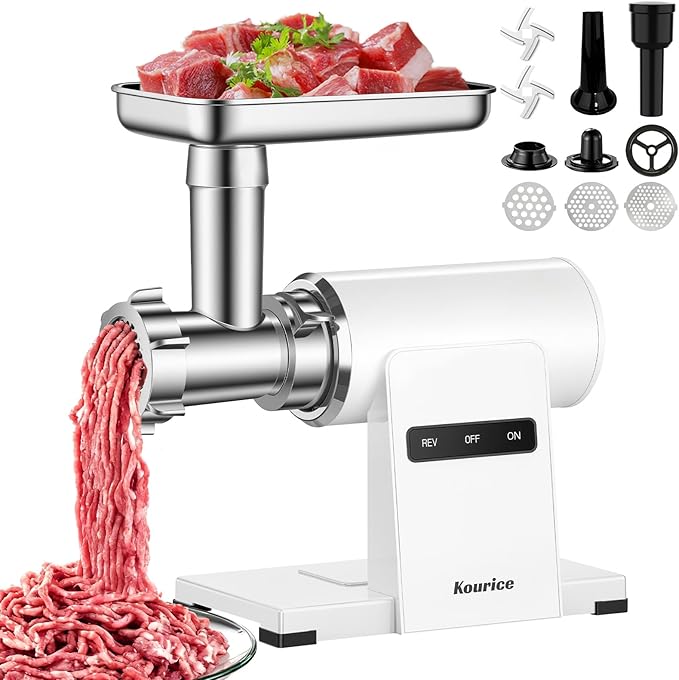 Electric Meat Grinder, Sausage Stuffer, 5.5LBS/Min with Copper Motor & Metal Gears, Auto-Reverse, 2 Blades, 3 Grinding Plates & Kubbe Kit for Home Kitchen Use