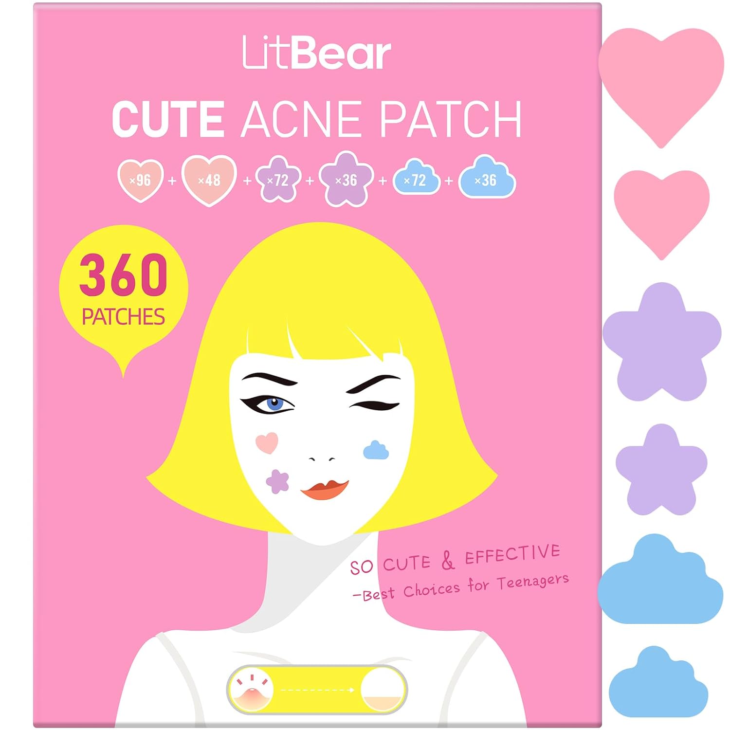 LitBear Acne Pimple Patch, 360 Dots 3 Shaped Colors Pimple Patches with Salicylic Acid, Tea Tree Oil & Calendula Oil, Hydrocolloid Acne Patch for Face, Blemish, Cute Zit Patch Pimple Sticker Acne Dots