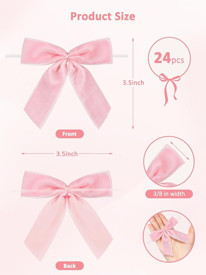 24 Pcs Pink Small Velvet Twist Tie Bows, Velvet Ribbon Bows with Clip for Gifts Bag, Gift Wrapping, Crafts, DIY Treat Bags, Home Decor 1" W,3.5 x 3.5 inch