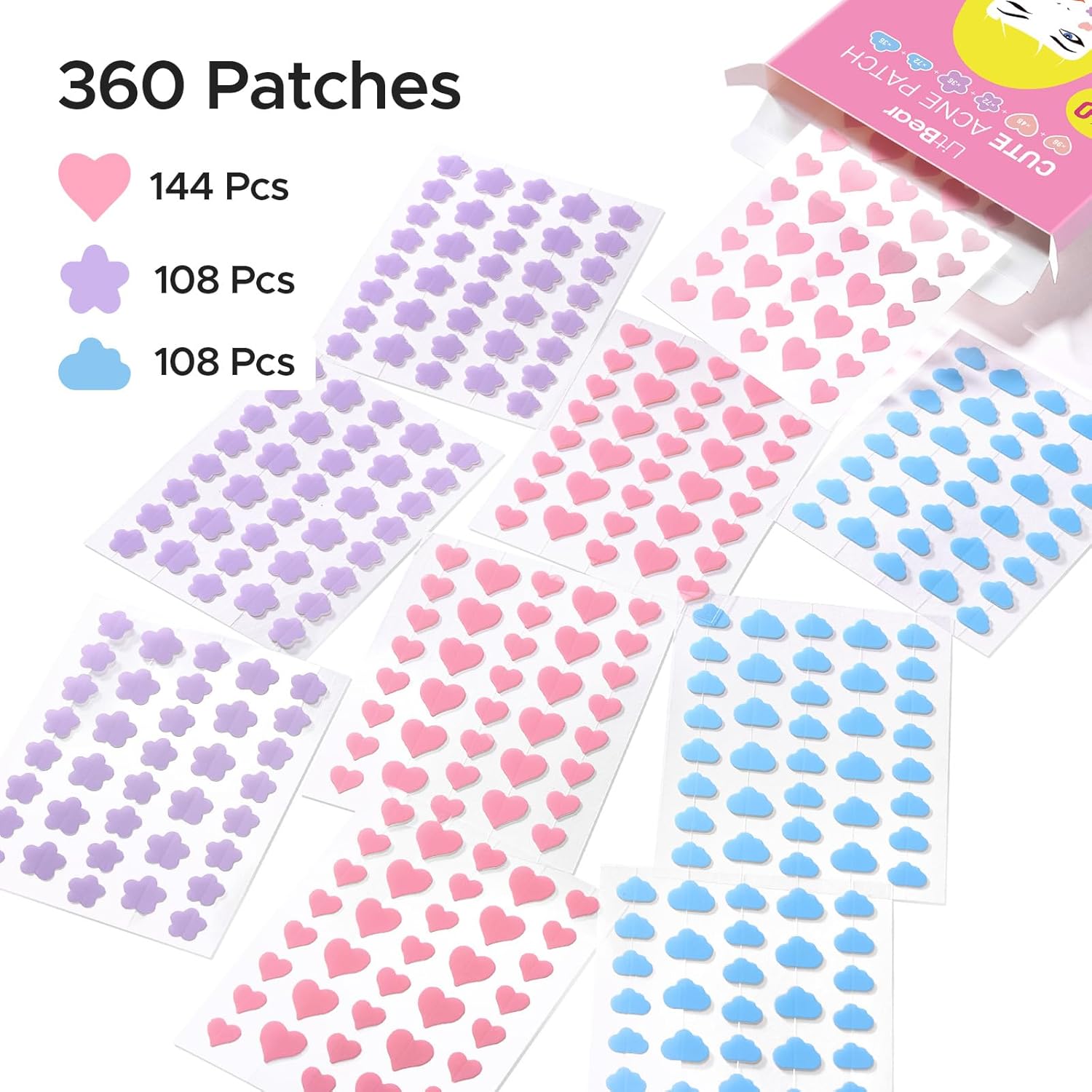 LitBear Acne Pimple Patch, 360 Dots 3 Shaped Colors Pimple Patches with Salicylic Acid, Tea Tree Oil & Calendula Oil, Hydrocolloid Acne Patch for Face, Blemish, Cute Zit Patch Pimple Sticker Acne Dots