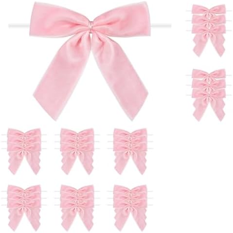 24 Pcs Pink Small Velvet Twist Tie Bows, Velvet Ribbon Bows with Clip for Gifts Bag, Gift Wrapping, Crafts, DIY Treat Bags, Home Decor 1" W,3.5 x 3.5 inch