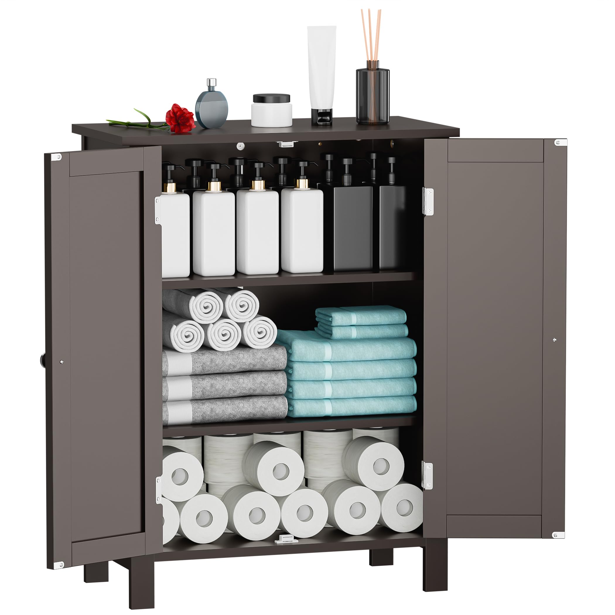 改SUPER DEAL Modern Bathroom Floor Storage Cabinet with Adjustable Shelf and Double Door Rust Proof, Living Room Modern Home Furniture Storage Organizer Cabinet