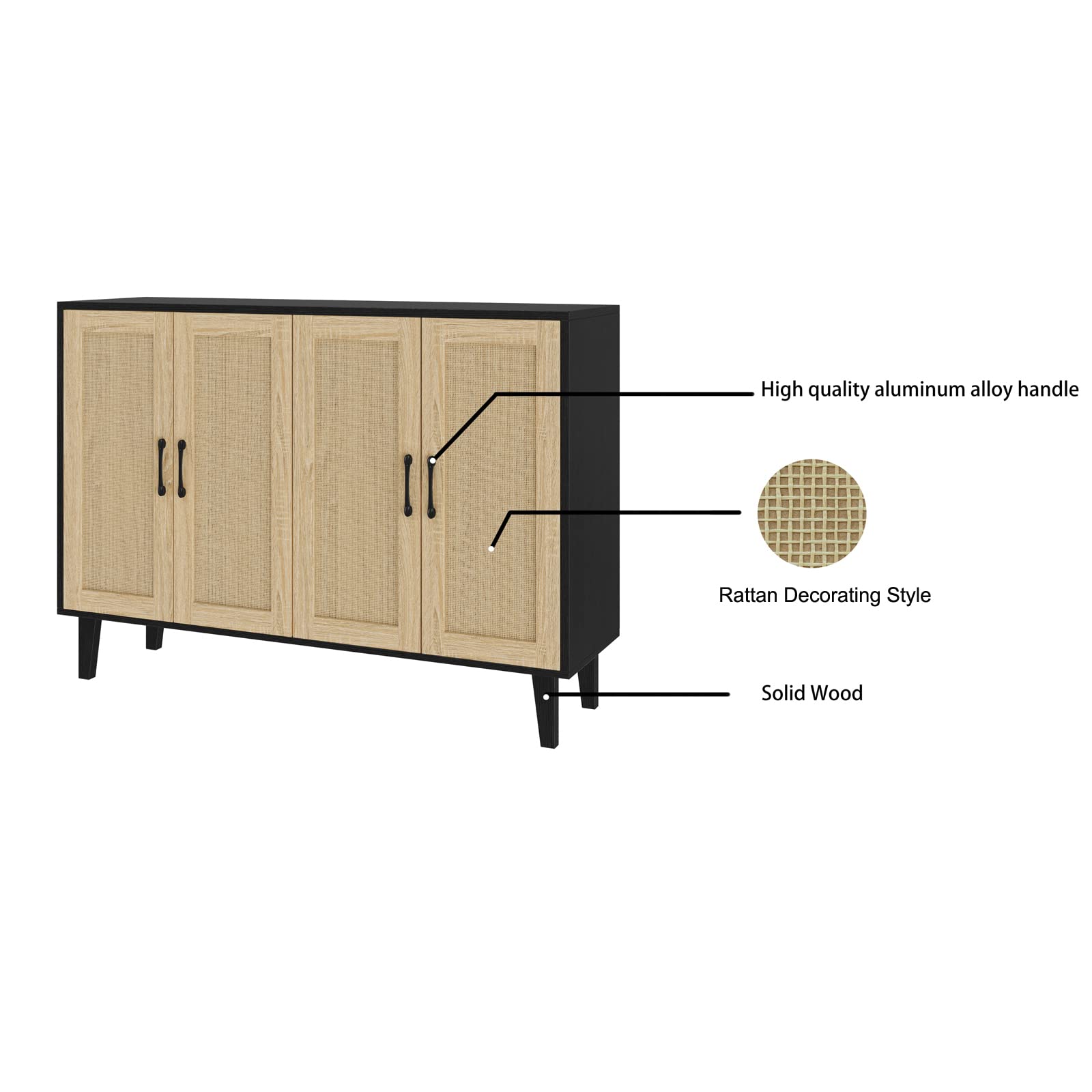 改Panana Buffet Storage Cabinet with Rattan Decorating 4 Doors Living Room Kitchen Sideboard 48.43 x 34.65 x 15 inch (Black)
