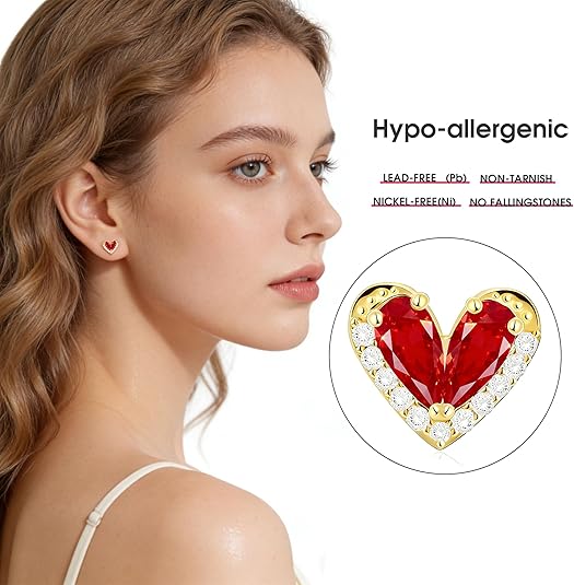 Heart Stud Earrings for Women, S925 Sterling Silver Posts 14K Gold Plated, Hypoallergenic Jewelry, Gift Box & Message Card, Perfect Valentine's Day Gift for Her