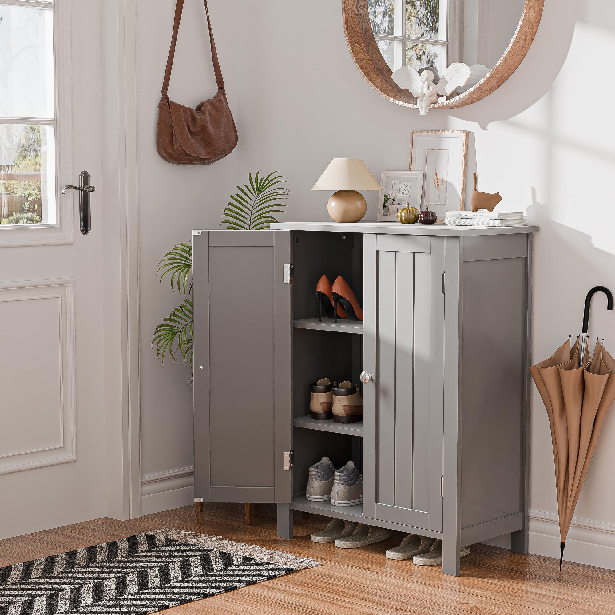 Modern Bathroom Floor Storage Cabinet with Adjustable Shelf and Double Door Rust Proof, Living Room Modern Home Furniture Storage Organizer Cabinet