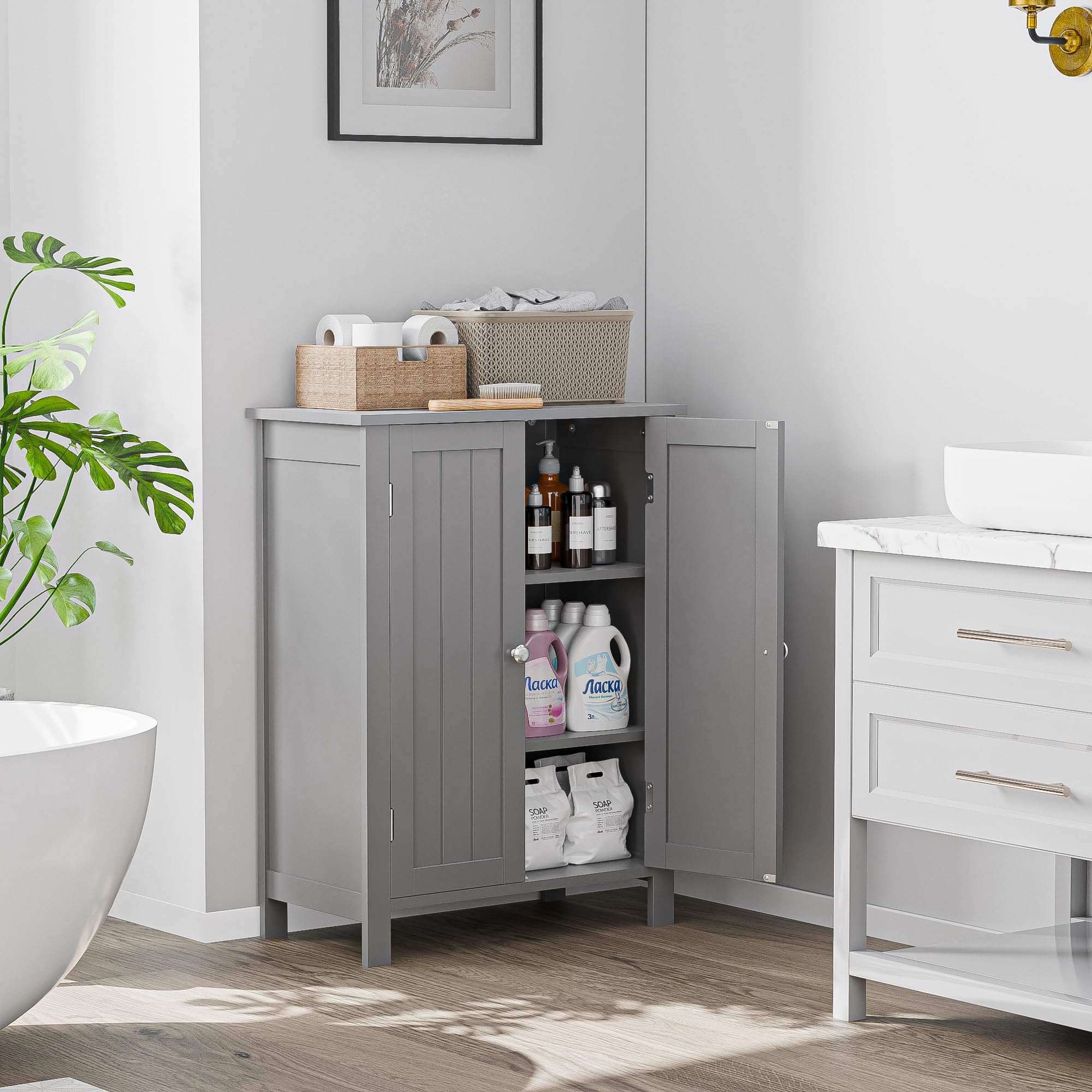 Modern Bathroom Floor Storage Cabinet with Adjustable Shelf and Double Door Rust Proof, Living Room Modern Home Furniture Storage Organizer Cabinet