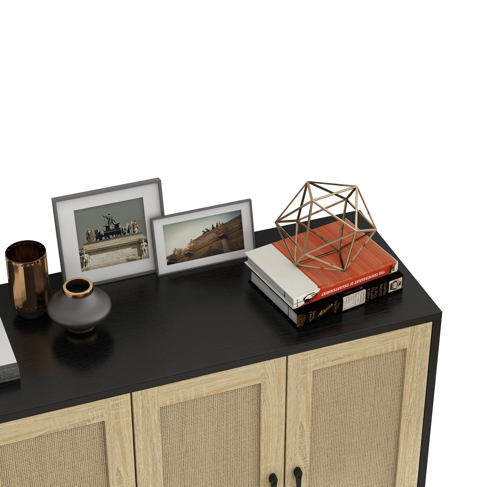 改Panana Buffet Storage Cabinet with Rattan Decorating 4 Doors Living Room Kitchen Sideboard 48.43 x 34.65 x 15 inch (Black)