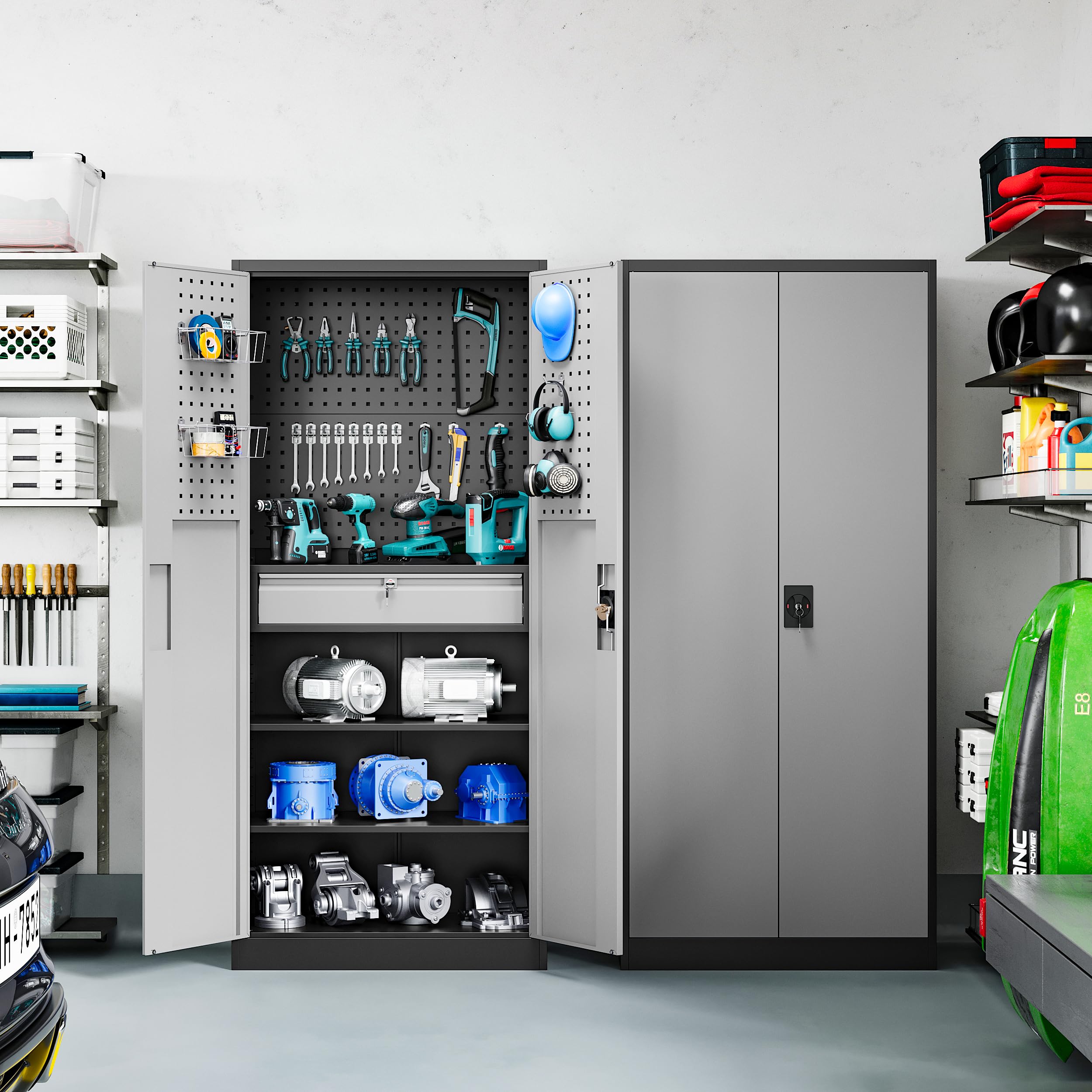 Metal Garage Storage Cabinets with Lock Door and Adjustable Shelves, Steel Tool Cabinets for Home,Office,Warehouse Organisieren