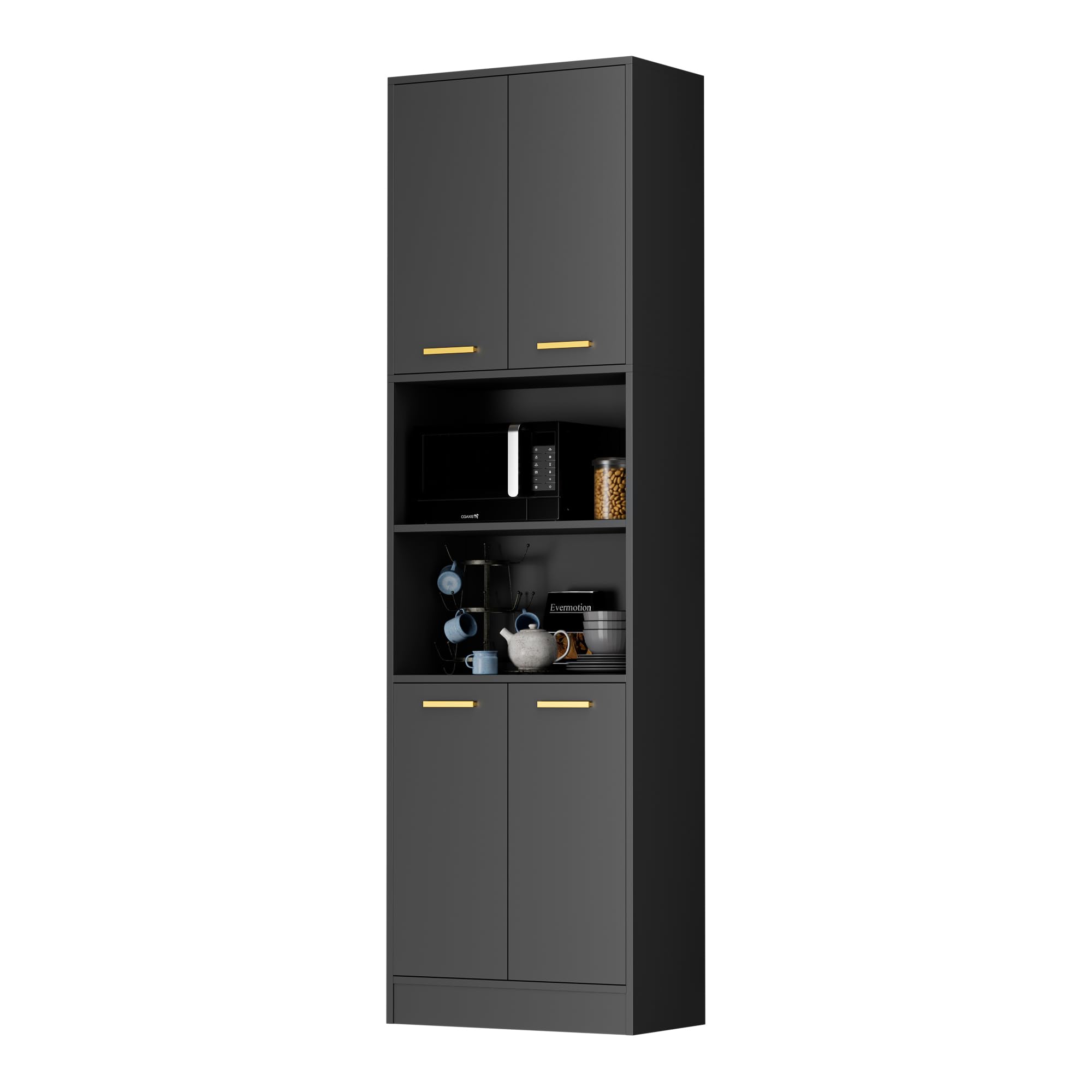 Kitchen Pantry Storage Cabinet 75" Tall 4 Doors Wood Freestanding Cupboard with Open Countertop and Adjustable Shelves Utility Hutch Cabinet for Dining Room Living Room Laundry Bathroom