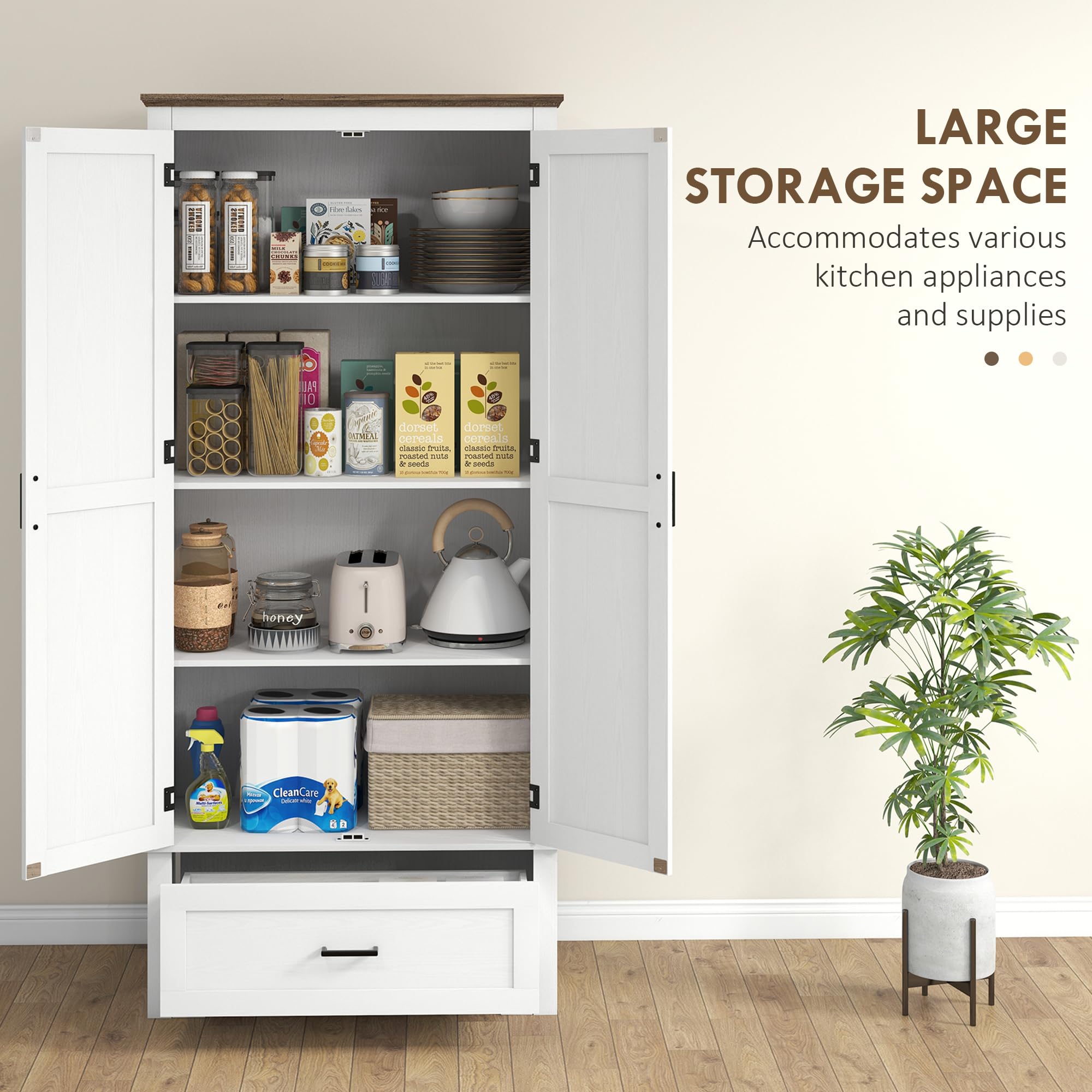 改HOMCOM 69" Tall Kitchen Pantry Storage Cabinet, Farmhouse Freestanding Pantry Cabinet with 2 Doors, Drawer and Adjustable Shelves, Cupboard for Dining Room, White