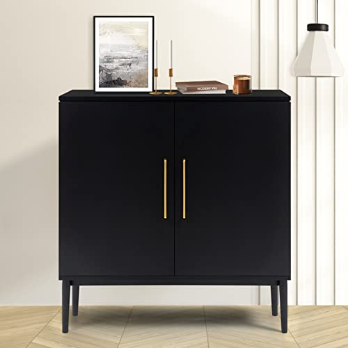 Storage Cabinet with Doors, White Accent Cabinet, Modern Free Standing Cabinet, Sideboard with Metal Base for Bedroom, Living Room, Kitchen and Office