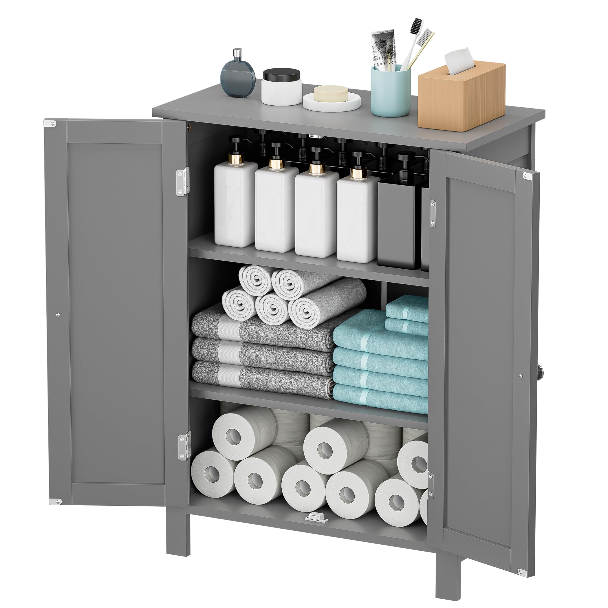 Modern Bathroom Floor Storage Cabinet with Adjustable Shelf and Double Door Rust Proof, Living Room Modern Home Furniture Storage Organizer Cabinet