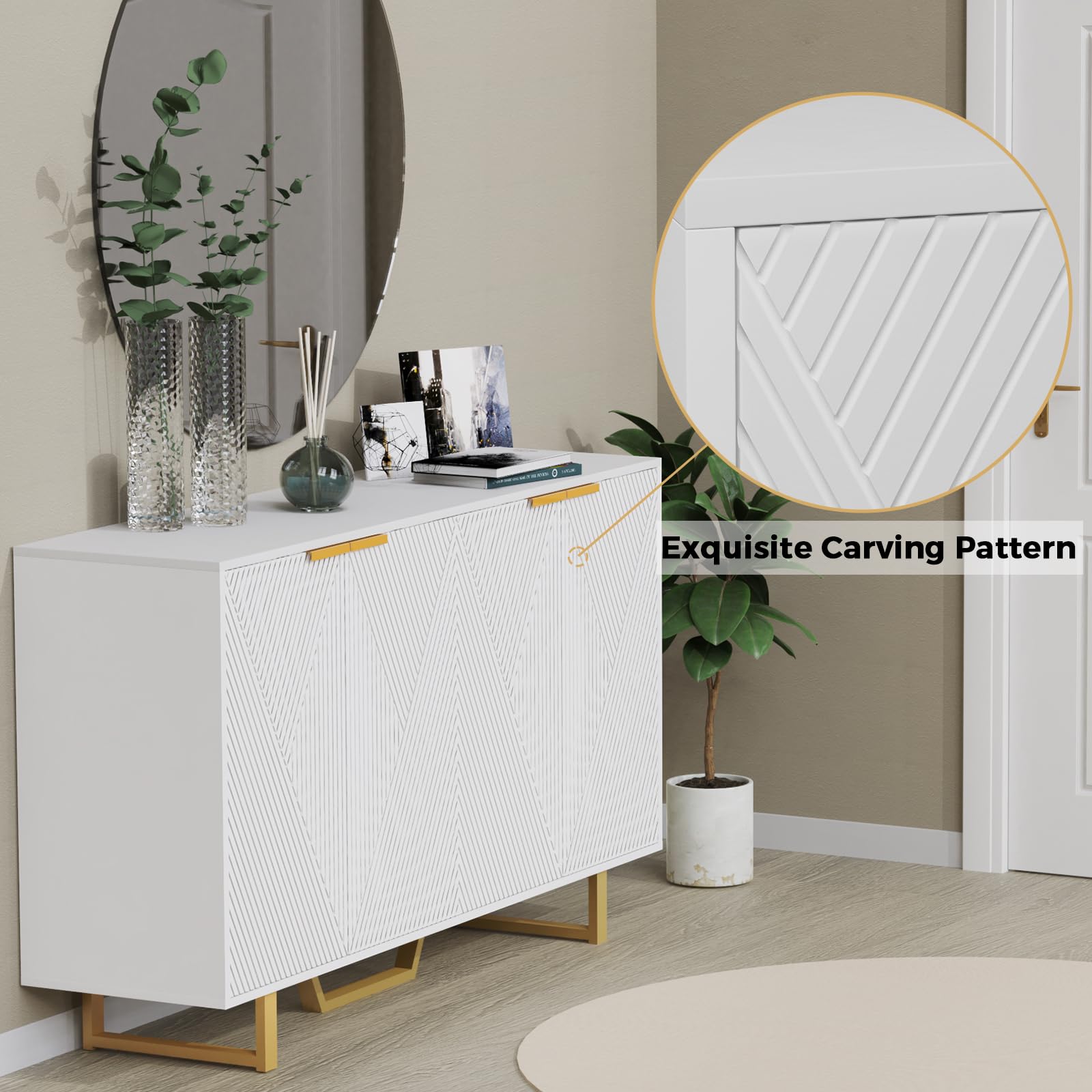 Storage Cabinet with Doors, White Accent Cabinet, Modern Free Standing Cabinet, Sideboard with Metal Base for Bedroom, Living Room, Kitchen and Office