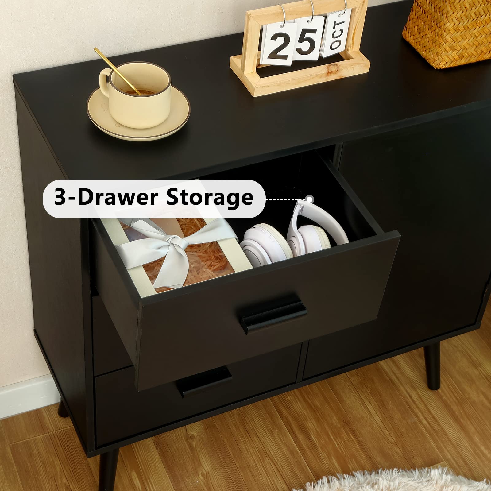 改Iwell Storage Cabinet with 3 Drawers, Rattan Cabinet with Adjustable Shelf, Small Storage Cabinet, Entryway Cabinet for Living Room, Entryway, Natural