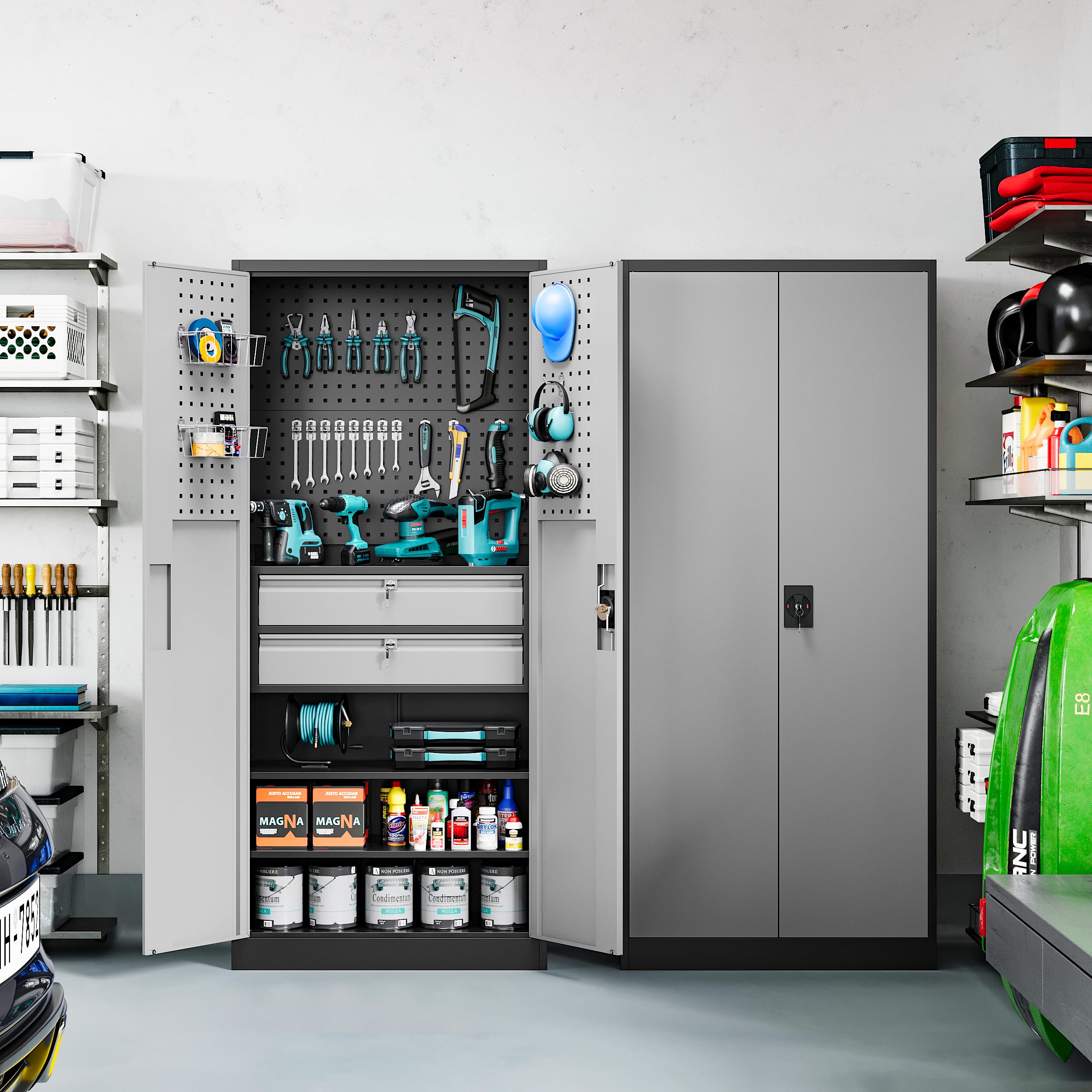 Metal Garage Storage Cabinets with Lock Door and Adjustable Shelves, Steel Tool Cabinets for Home,Office,Warehouse Organisieren