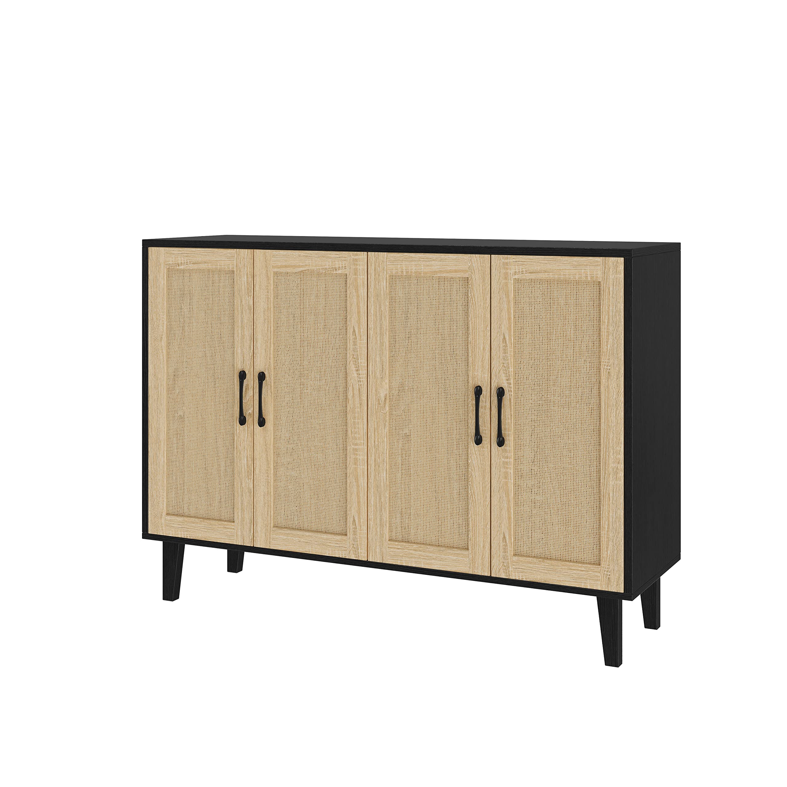 改Panana Buffet Storage Cabinet with Rattan Decorating 4 Doors Living Room Kitchen Sideboard 48.43 x 34.65 x 15 inch (Black)