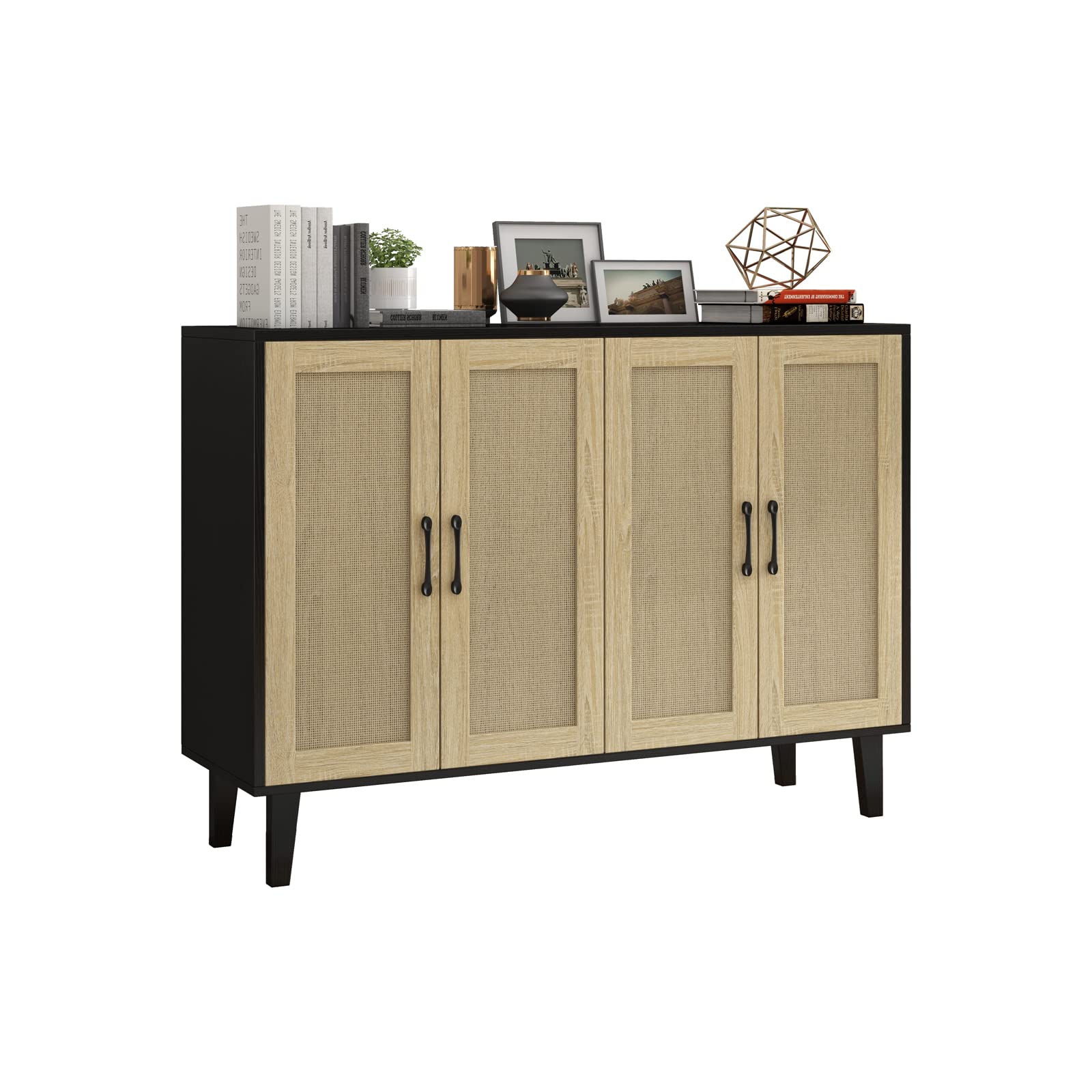 改Panana Buffet Storage Cabinet with Rattan Decorating 4 Doors Living Room Kitchen Sideboard 48.43 x 34.65 x 15 inch (Black)