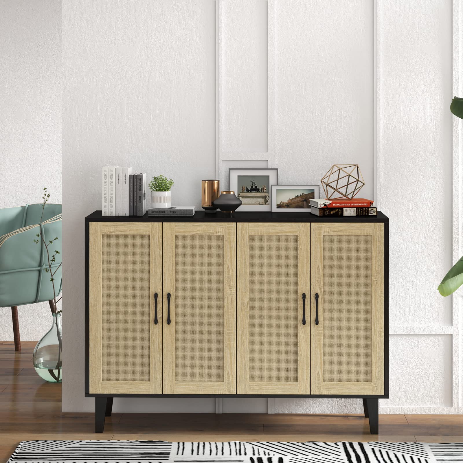 改Panana Buffet Storage Cabinet with Rattan Decorating 4 Doors Living Room Kitchen Sideboard 48.43 x 34.65 x 15 inch (Black)