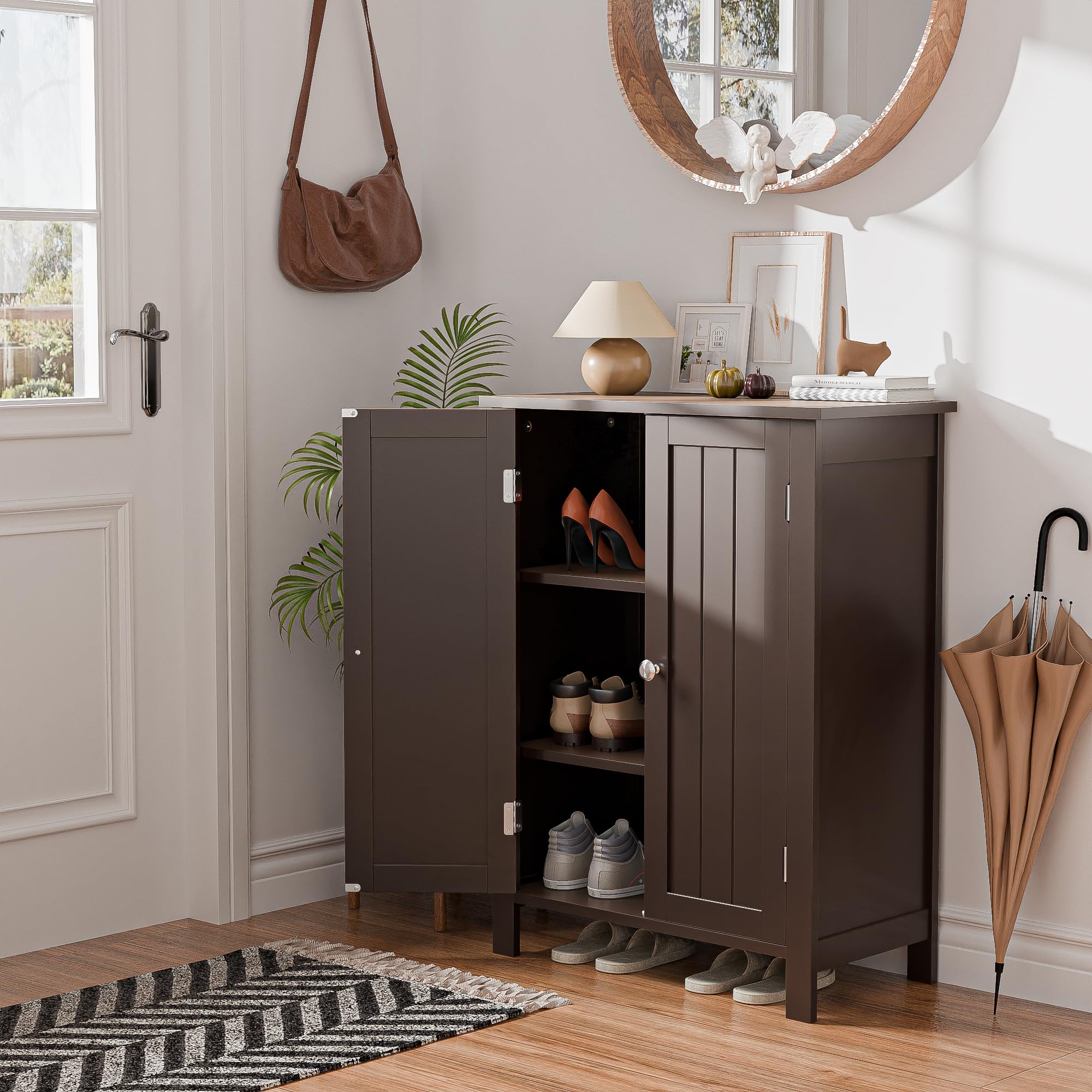 改SUPER DEAL Modern Bathroom Floor Storage Cabinet with Adjustable Shelf and Double Door Rust Proof, Living Room Modern Home Furniture Storage Organizer Cabinet