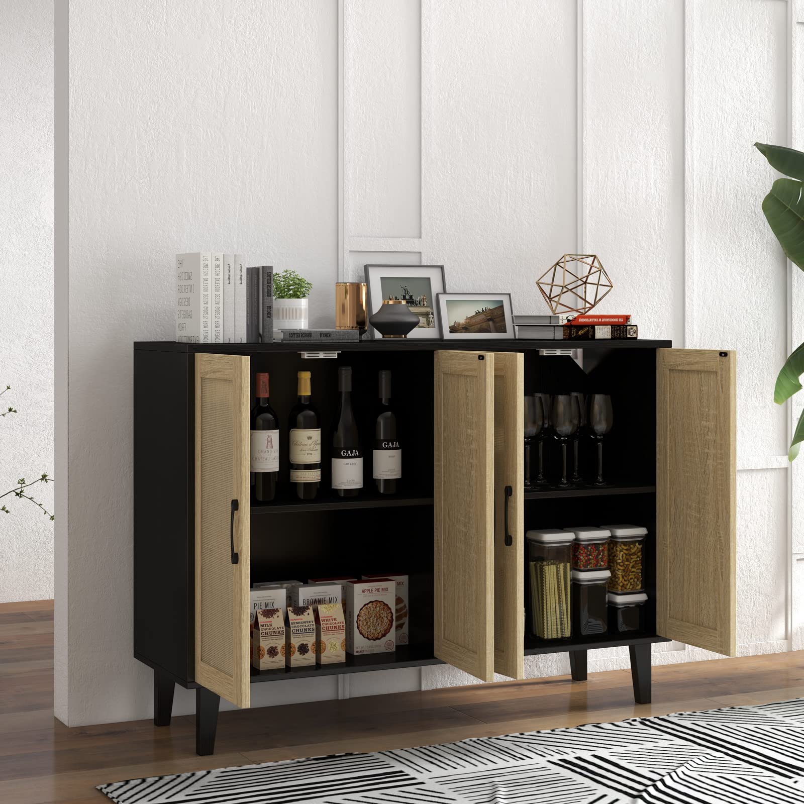 改Panana Buffet Storage Cabinet with Rattan Decorating 4 Doors Living Room Kitchen Sideboard 48.43 x 34.65 x 15 inch (Black)
