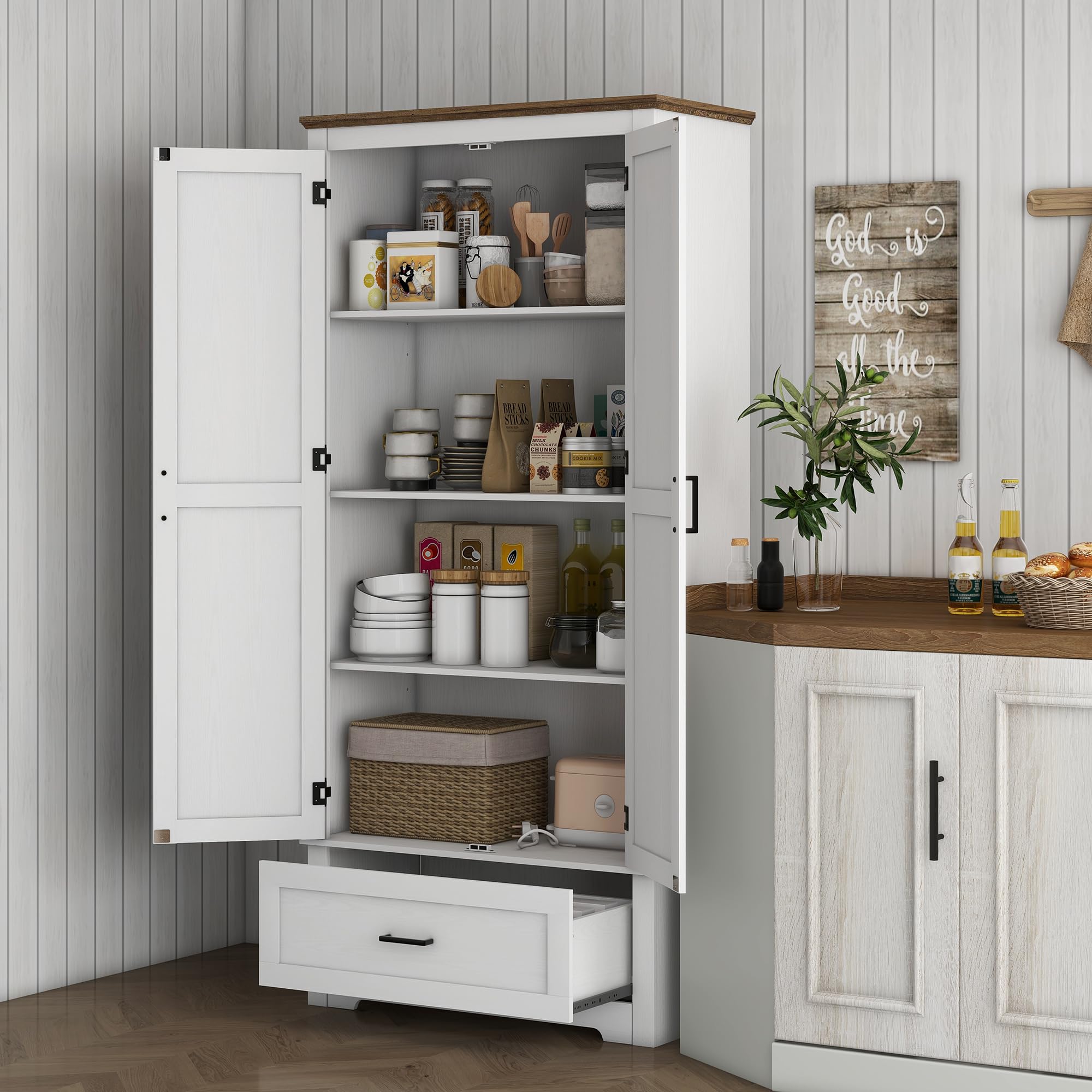 改HOMCOM 69" Tall Kitchen Pantry Storage Cabinet, Farmhouse Freestanding Pantry Cabinet with 2 Doors, Drawer and Adjustable Shelves, Cupboard for Dining Room, White