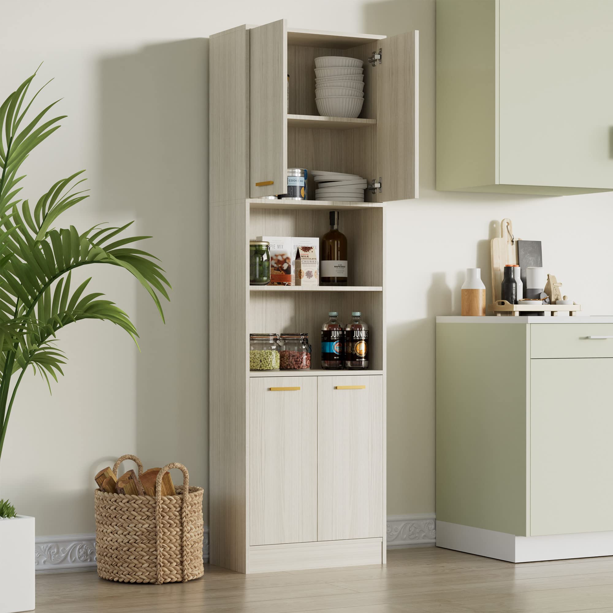 Kitchen Pantry Storage Cabinet 75" Tall 4 Doors Wood Freestanding Cupboard with Open Countertop and Adjustable Shelves Utility Hutch Cabinet for Dining Room Living Room Laundry Bathroom