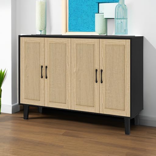 改Panana Buffet Storage Cabinet with Rattan Decorating 4 Doors Living Room Kitchen Sideboard 48.43 x 34.65 x 15 inch (Black)