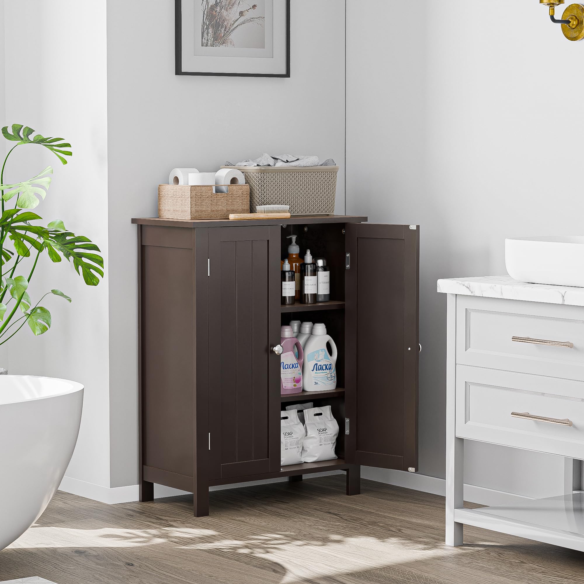 改SUPER DEAL Modern Bathroom Floor Storage Cabinet with Adjustable Shelf and Double Door Rust Proof, Living Room Modern Home Furniture Storage Organizer Cabinet