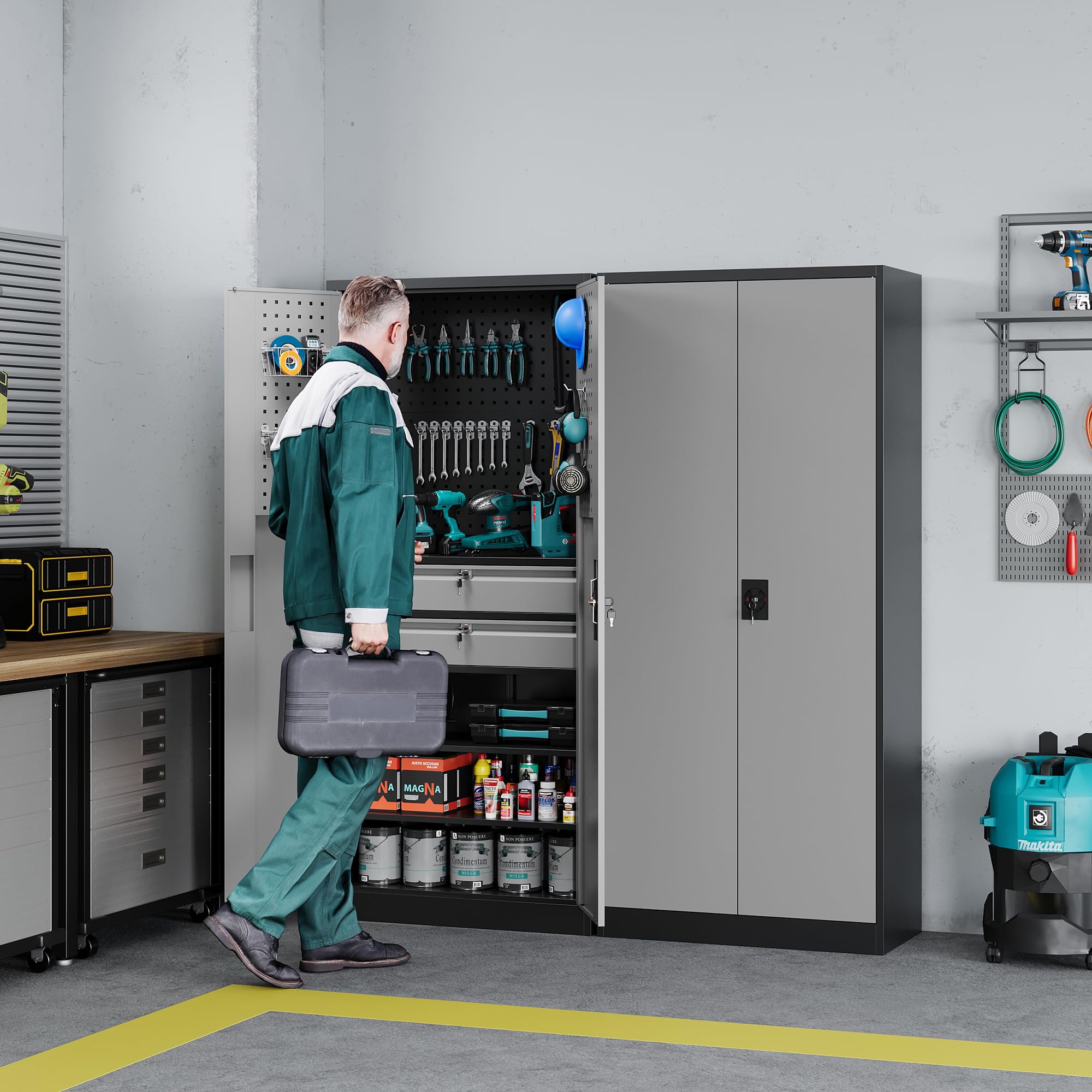 Metal Garage Storage Cabinets with Lock Door and Adjustable Shelves, Steel Tool Cabinets for Home,Office,Warehouse Organisieren