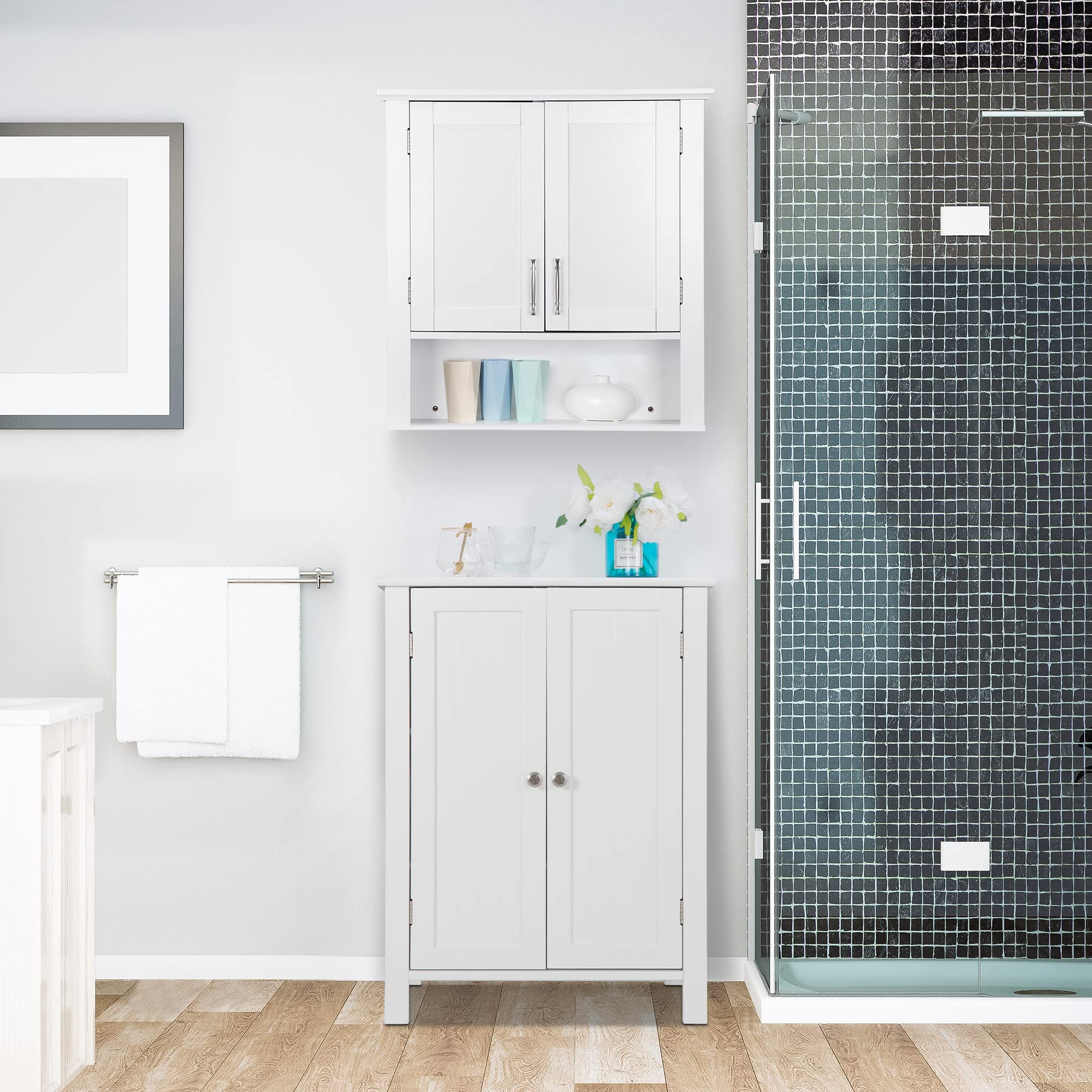 改SUPER DEAL Modern Bathroom Floor Storage Cabinet with Adjustable Shelf and Double Door Rust Proof, Living Room Modern Home Furniture Storage Organizer Cabinet