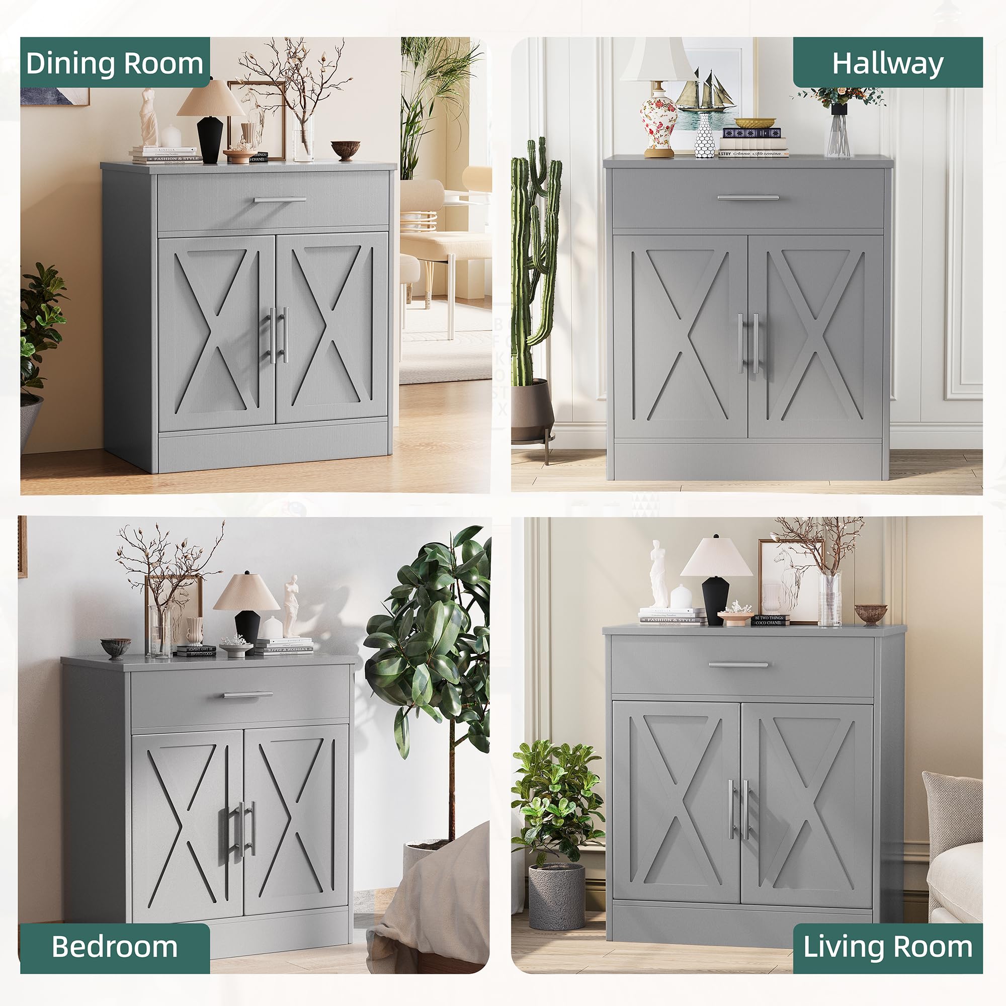 Modern Farmhouse Sideboard Buffet Cabinet with Storage with 3 Doors,42" Barn Doors Buffet Cabinet with Storage, Wood Coffee Bar Cabinet with Adjustable Shelf for Kitchen Living Room