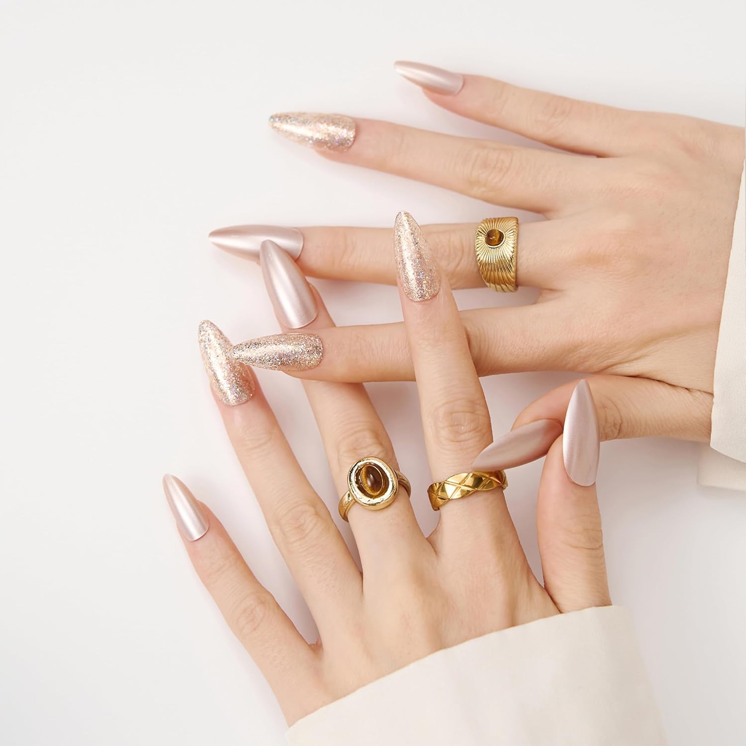 Fake Nails Press Ons Almond - Metallic Rose Gold Chrome Fake Nails, Handmade Reusable for Party Look, 30 Nails in 15 Sizes with Glue, Adhesive Tabs, File, Prep Pad, Manicure Stick