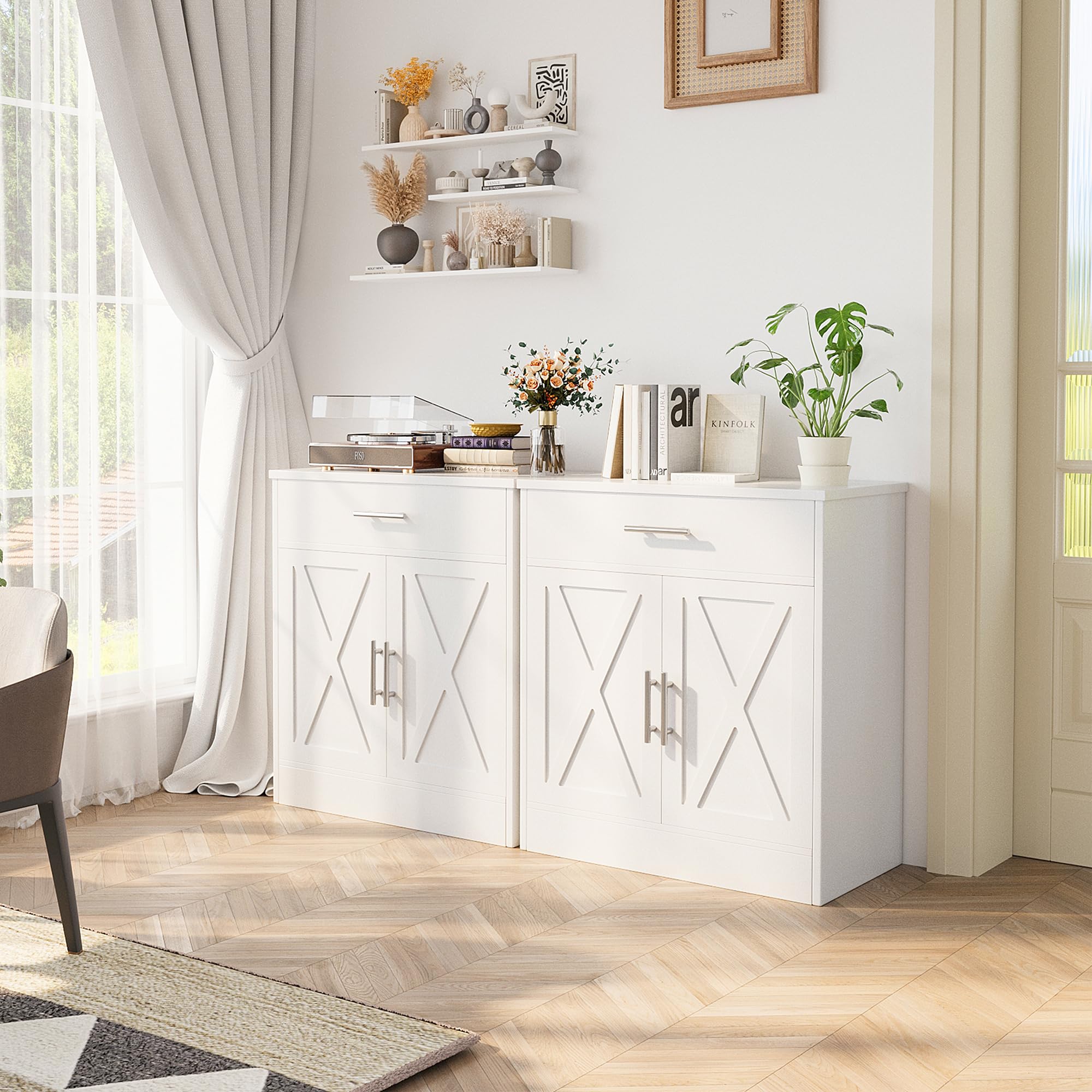 改Shintenchi Modern Farmhouse Sideboard Buffet Cabinet with Storage with 3 Doors,42" Barn Doors Buffet Cabinet with Storage, Wood Coffee Bar Cabinet with Adjustable Shelf for Kitchen Living Room,White