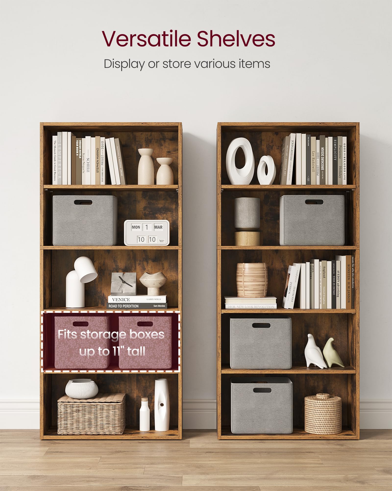 Bookshelf,  5-Tier Open Bookcase with Adjustable Storage Shelves, Floor Standing Unit