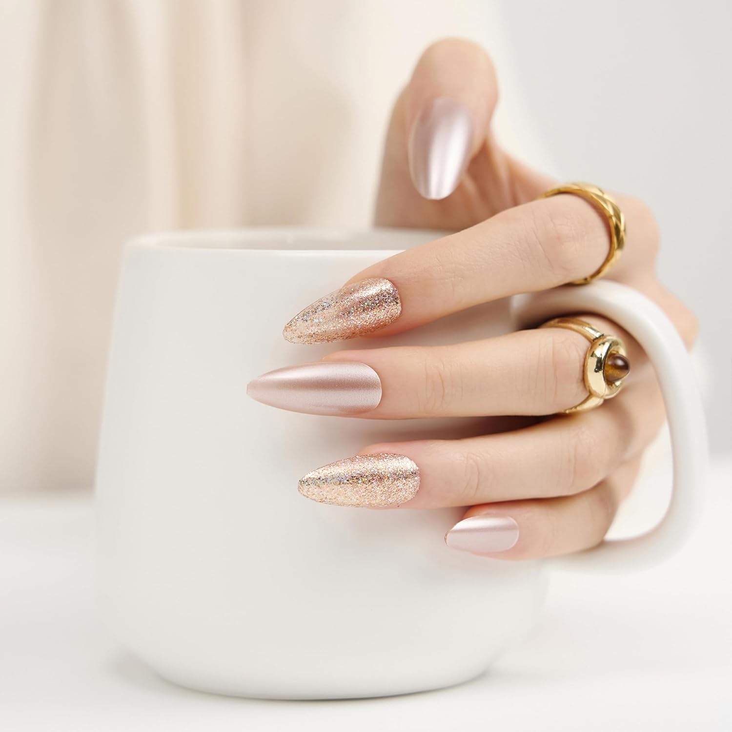 Fake Nails Press Ons Almond - Metallic Rose Gold Chrome Fake Nails, Handmade Reusable for Party Look, 30 Nails in 15 Sizes with Glue, Adhesive Tabs, File, Prep Pad, Manicure Stick