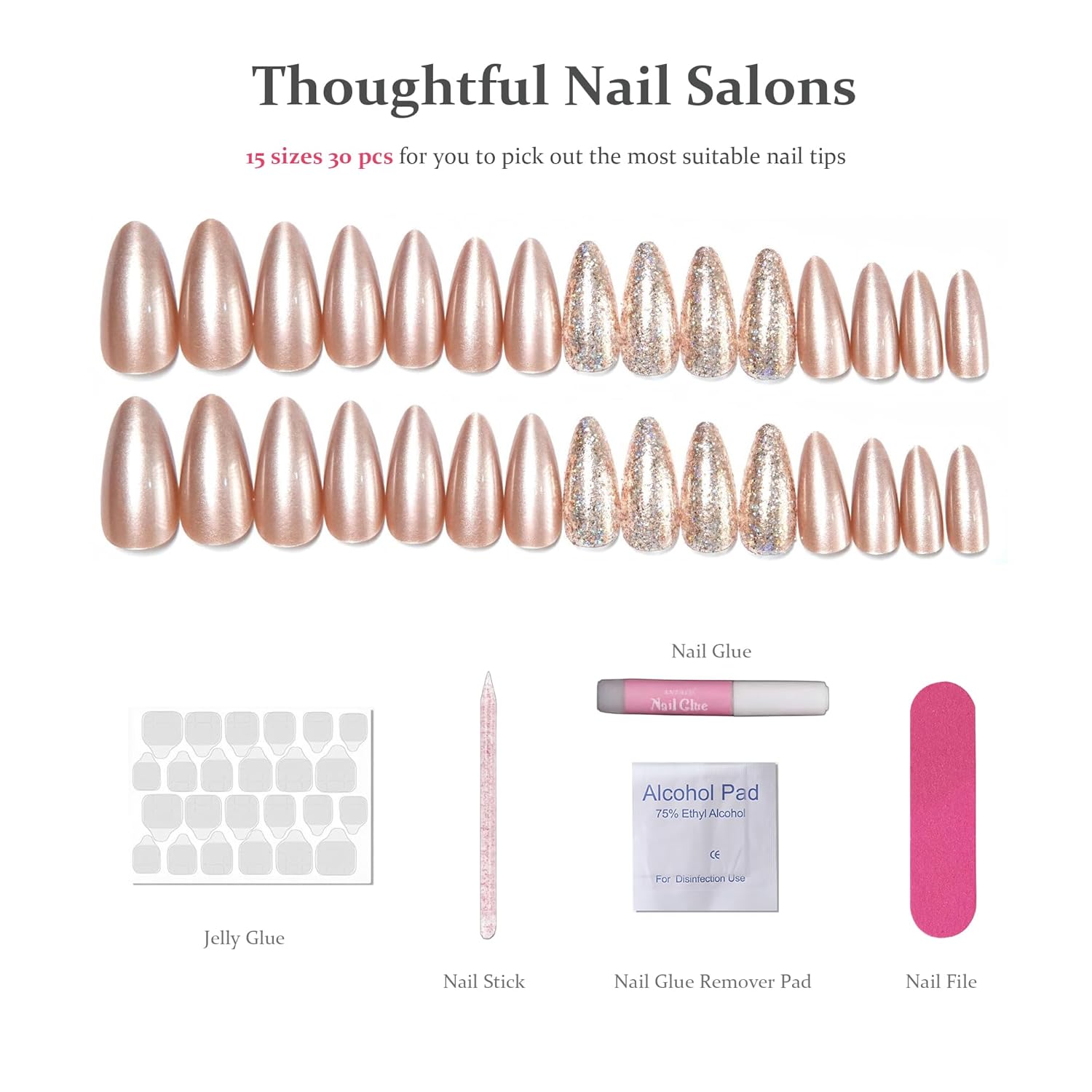 Fake Nails Press Ons Almond - Metallic Rose Gold Chrome Fake Nails, Handmade Reusable for Party Look, 30 Nails in 15 Sizes with Glue, Adhesive Tabs, File, Prep Pad, Manicure Stick