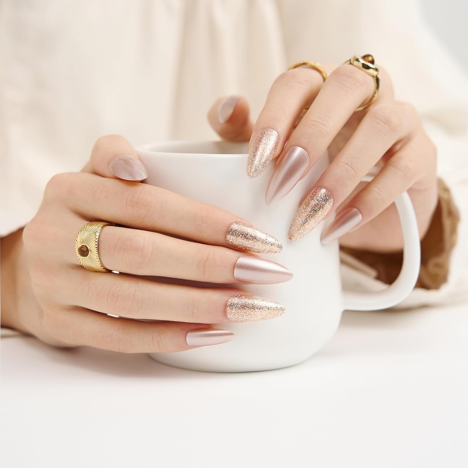 Fake Nails Press Ons Almond - Metallic Rose Gold Chrome Fake Nails, Handmade Reusable for Party Look, 30 Nails in 15 Sizes with Glue, Adhesive Tabs, File, Prep Pad, Manicure Stick