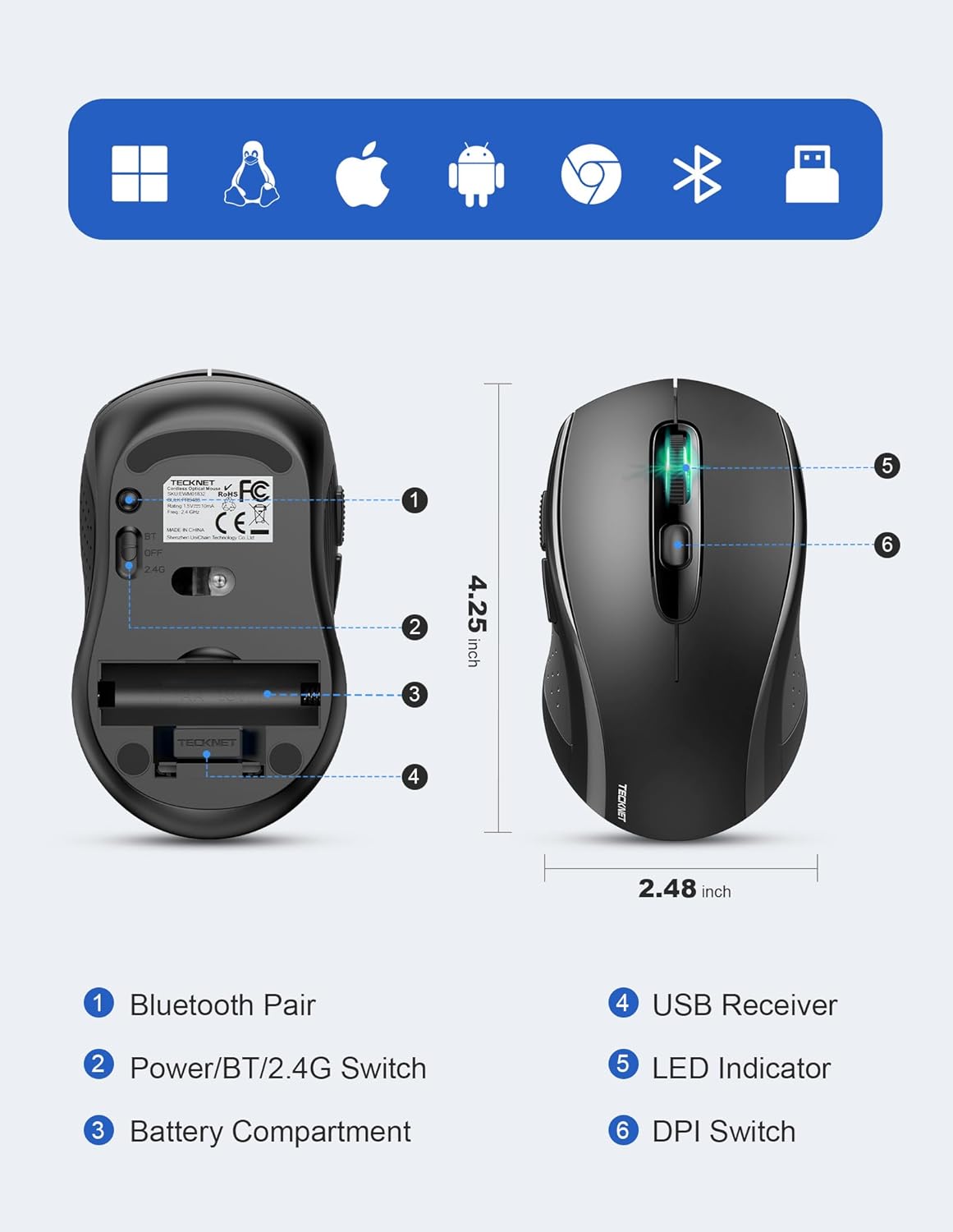 TECKNET Wireless Mouse for Laptop, 2.4G Ergonomic Optical Mouse Silent Bluetooth Mouse(BT5.0) 4000DPI Adjust, Computer Portable PC Quiet Mice with USB-A Receiver & 6 Buttons for Mac, 18 Months Battery