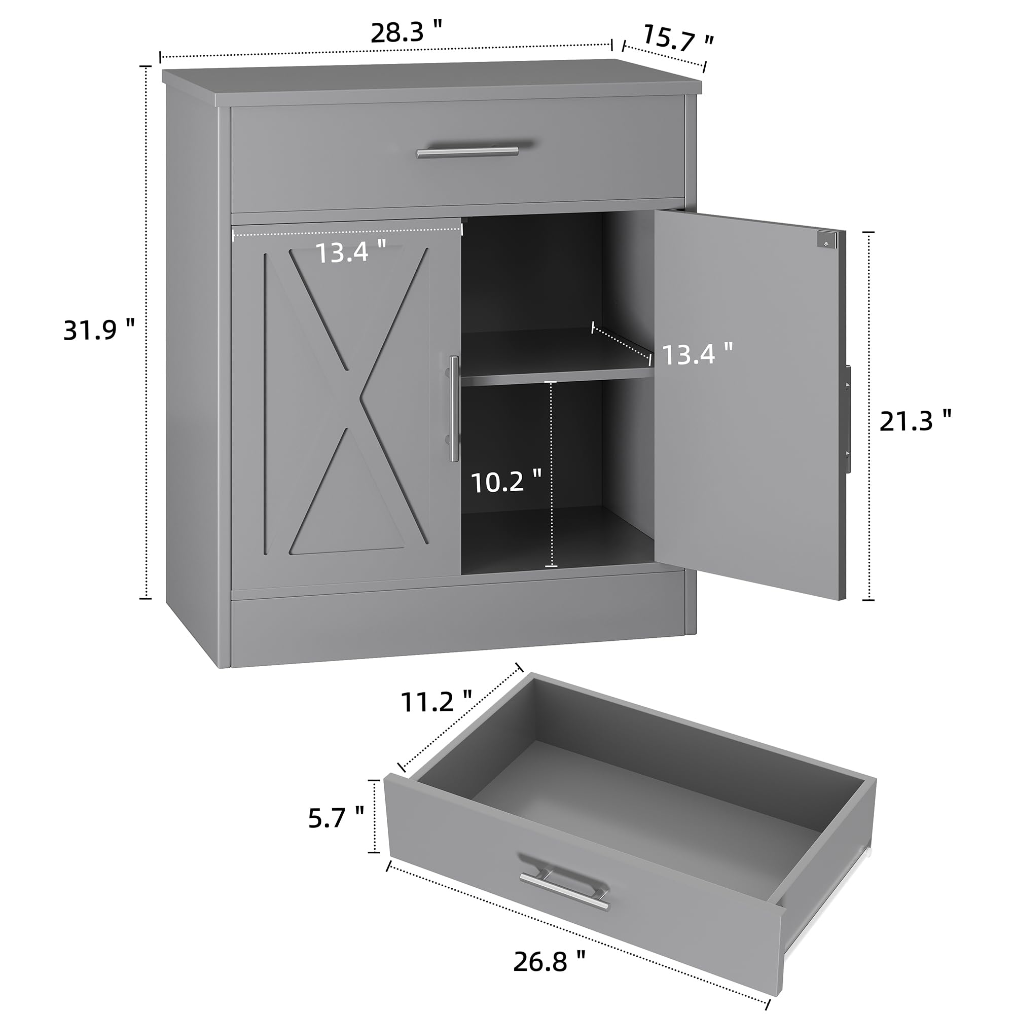 Modern Farmhouse Sideboard Buffet Cabinet with Storage with 3 Doors,42" Barn Doors Buffet Cabinet with Storage, Wood Coffee Bar Cabinet with Adjustable Shelf for Kitchen Living Room