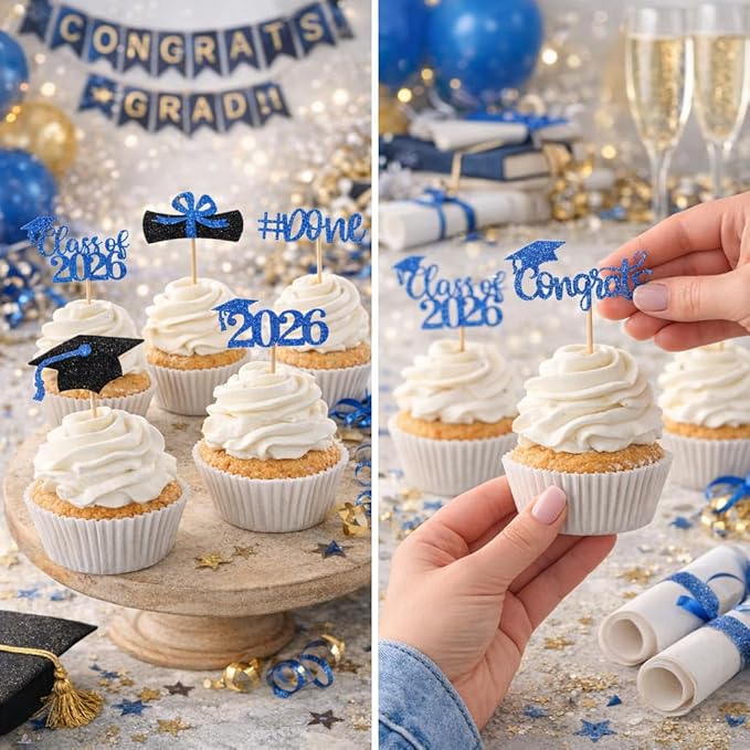 Graduation Decorations 2026-24Pcs Glitter Graduation Cupcake Toppers for Class of 2026 Party Decorations